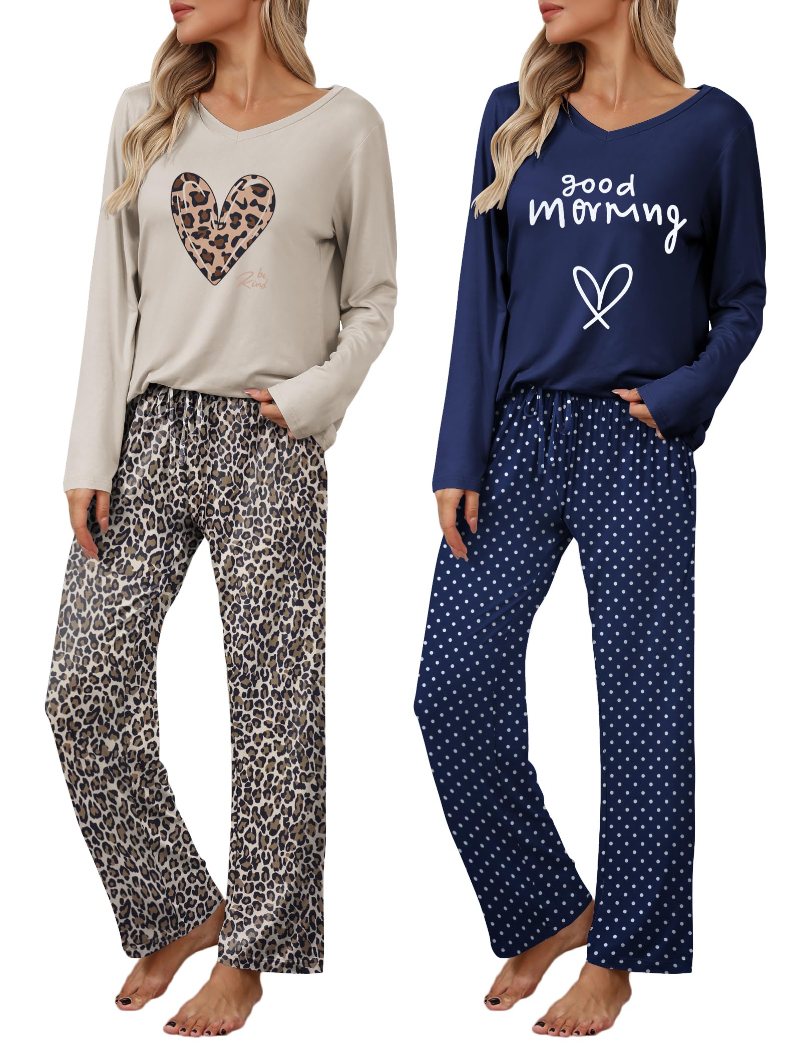 Ekouaer Womens 2 Pack Pajama Set Long Sleeve Pajamas Top and Pants V Neck Pjs Set Soft Loungewear with Pockets