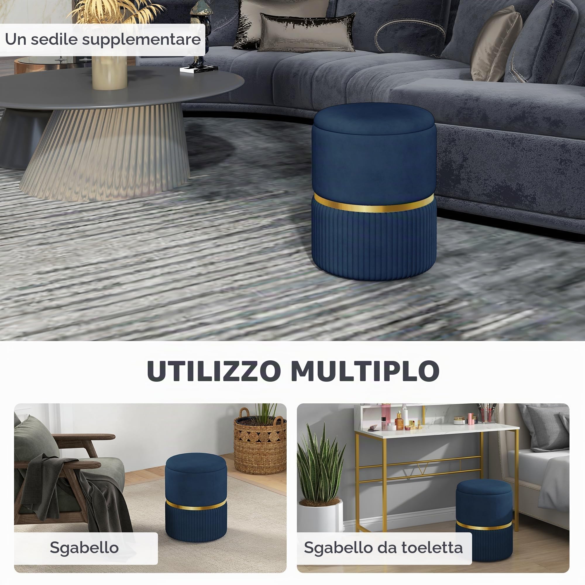 HOMCOM Pouf Sgabello Poggiapiedi Cassapanca 36x36x44cm Blu Scuro | Velluto a coste, design moderno, per soggiorno, camera da letto