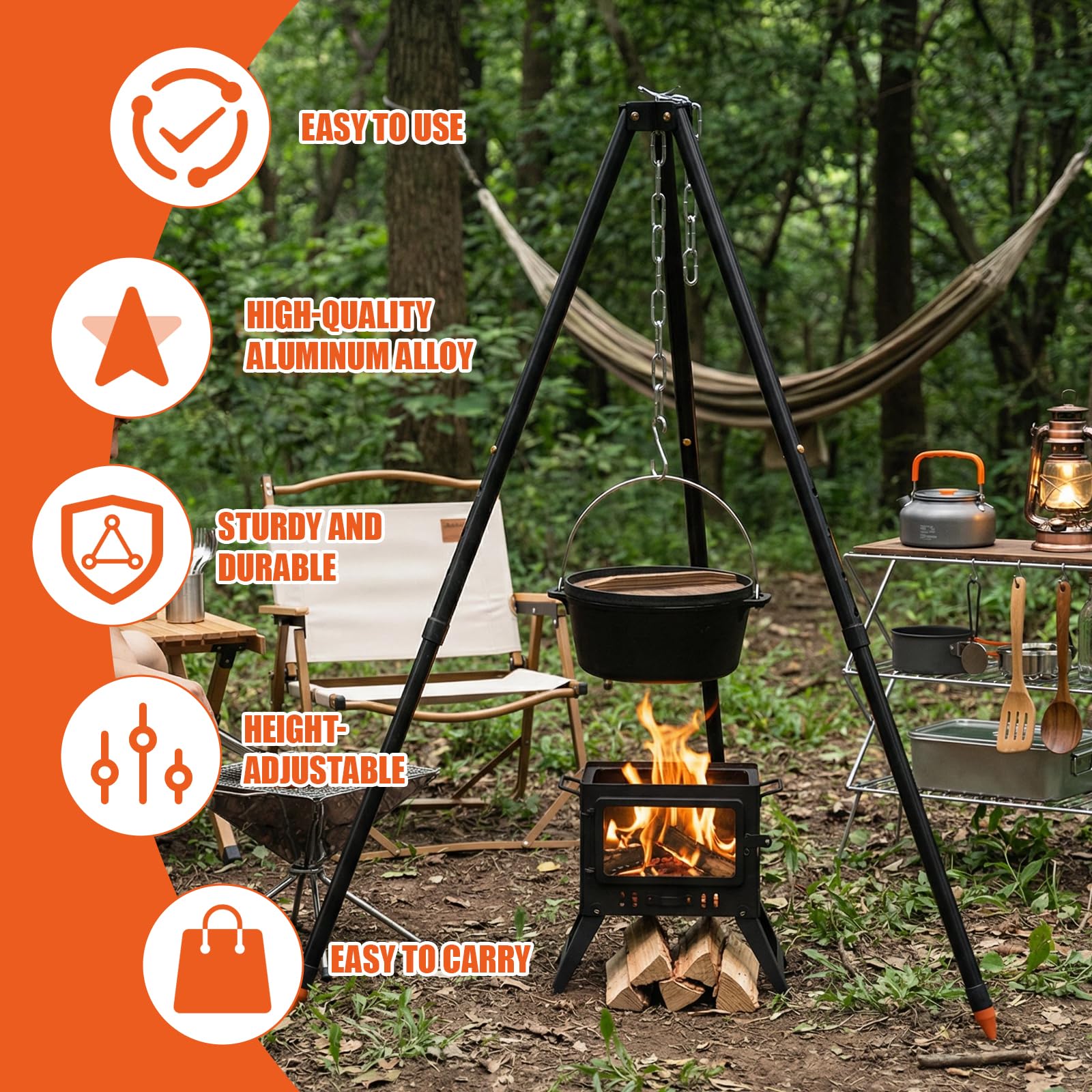 110CM Camping Stativ Lagerfeuer Kochen Stativ Outdoor Grillrost Stand Halterung Hängekette Verstellbar BBQ Dreibein im Freien(Silber)