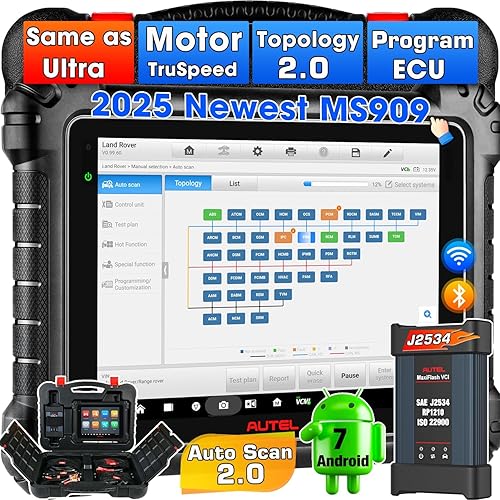 Autel MaxiSYS MS909 Top Intelligent Scanner, 2025 Same as MSUltra MS919 with J2534 Tool, Motor TruSpeed, Topology 2.0, Up of Elite 2 Pro, 40+ Service, 3000+ Active Tests, OE Diagnostics CAN FD DOIP