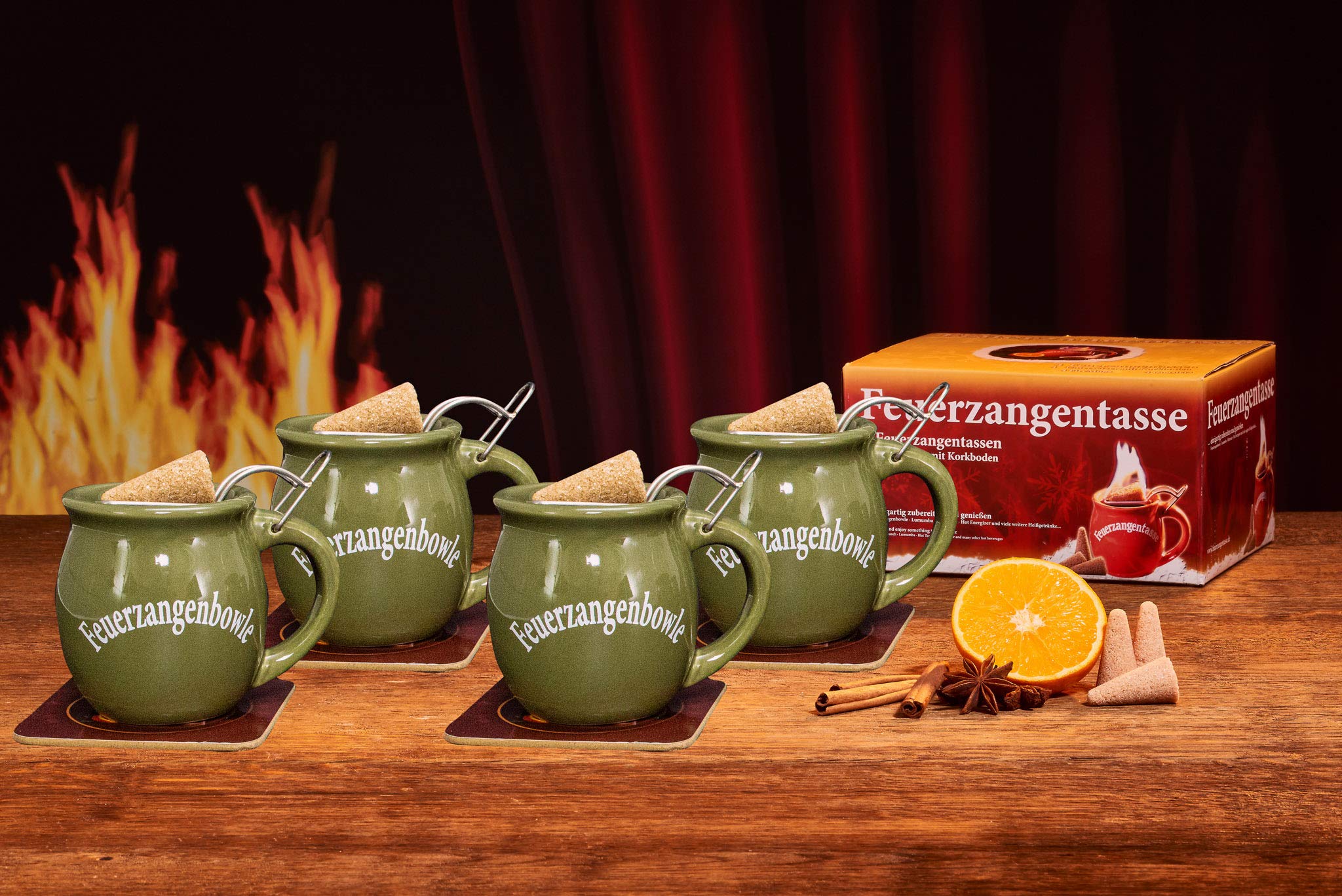 Set di 4 tazze di Feuerzange, con rum (100 ml) + coni di zucchero alla cannella (20 pezzi) – per Feuerzangenbowle