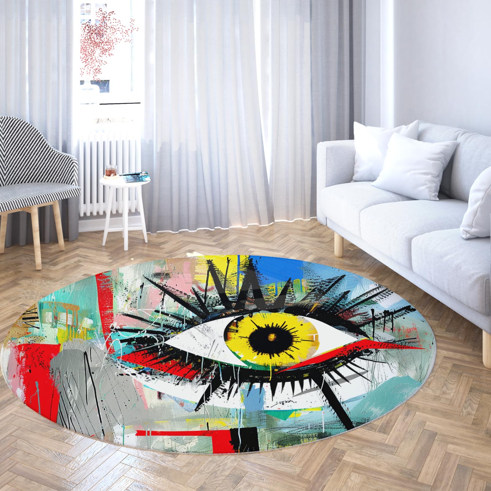Tapis rond 80cm graffiti abstrait coloré lavable antidérapant pour chambre et salle de bain