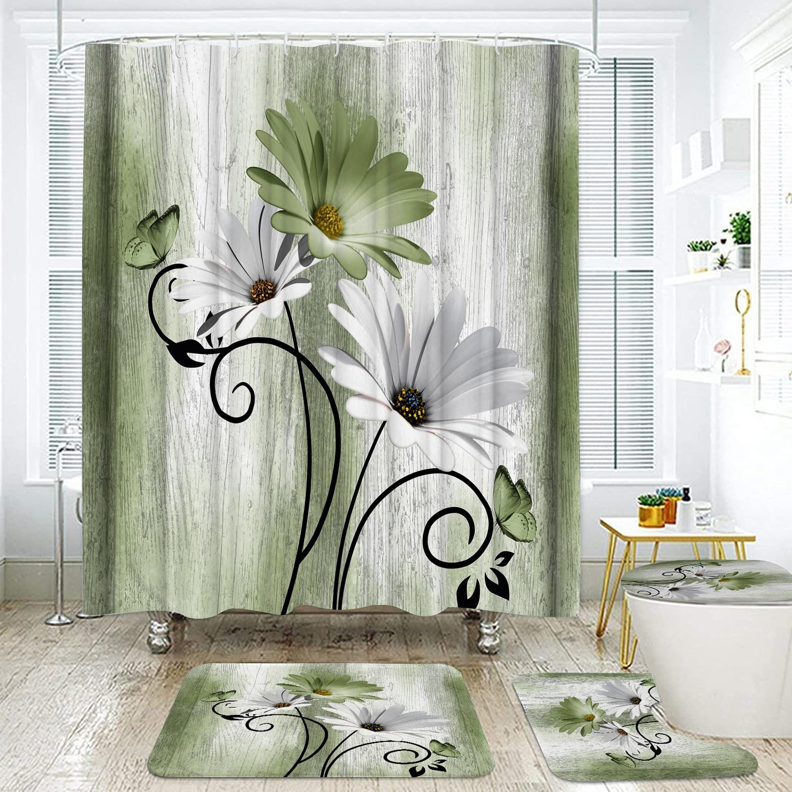 Onalasyc 4PCS Grass Green Daisy Bathroom Sets