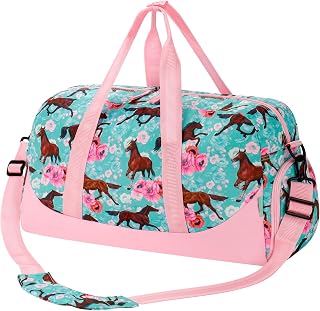 Choco Mocha Kids Duffle Bag, Girls Horse Overnight Travel Bags for Kid with Shoes Compartment, Large Weekender Bag for Sleepover, Blue