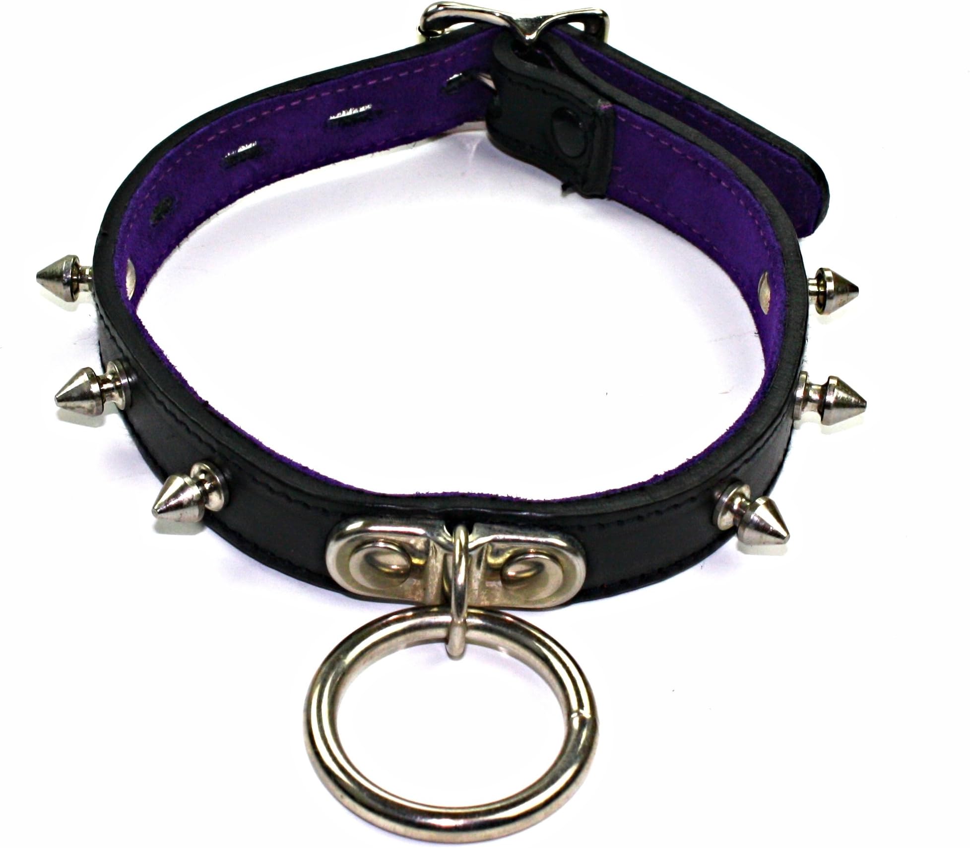 Slap Leather Medium Neck Collar with Spikes and Ring in Black Leather with Purple Suede Lining