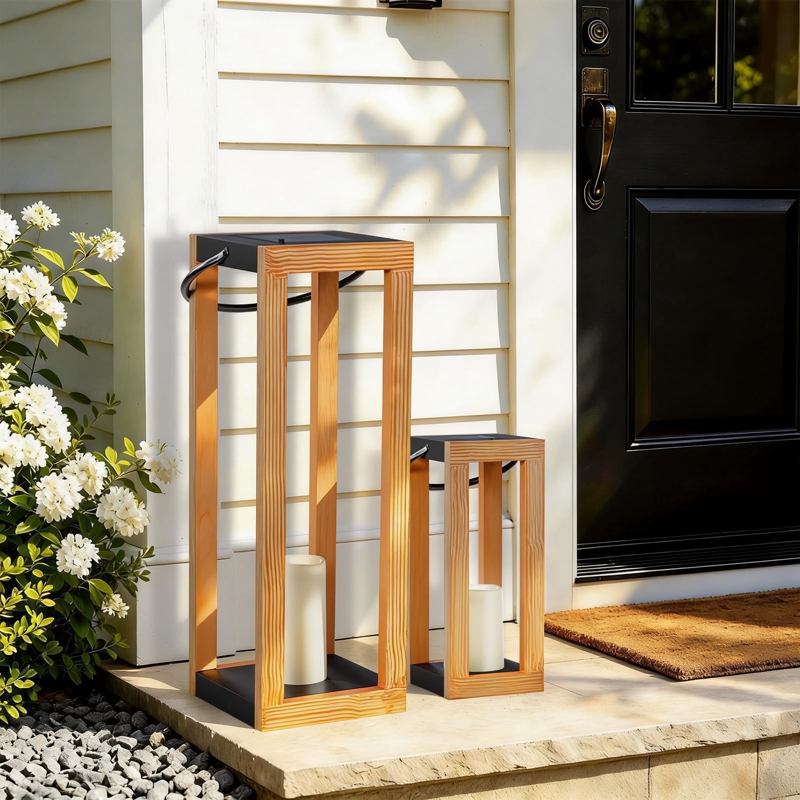 Grandi lanterne solari da esterno, impermeabili, alte lanterne decorative, luci solari per esterni, per veranda, patio, giardino, balcone, veranda, Natale, 76,2 cm, 43,2 cm, set di 2 colori legno