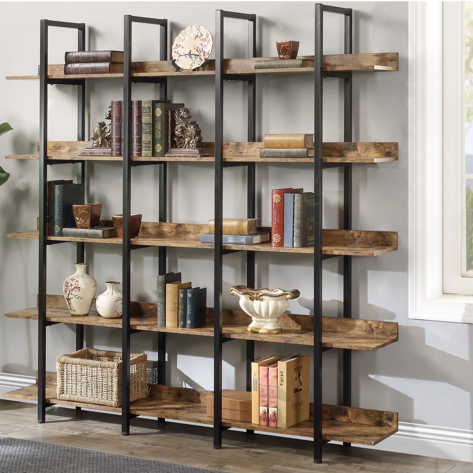 Industrial Bookshelf, 5 Shelf Tall Brown Rustic Bookcase, Large Vintage