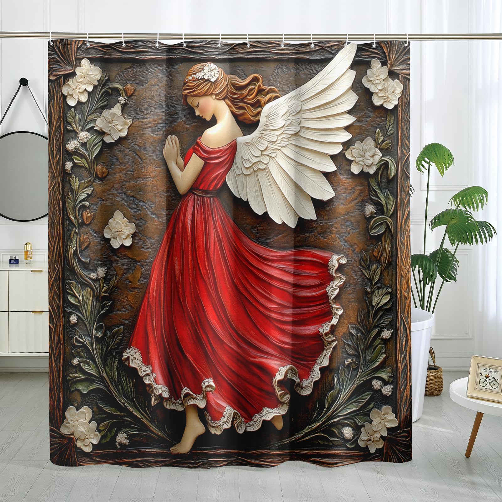 Rideau de douche en tissu imperméable avec crochets en forme d'ange rouge pour décoration de salle de bain, toutes saisons, 157 x 183 cm