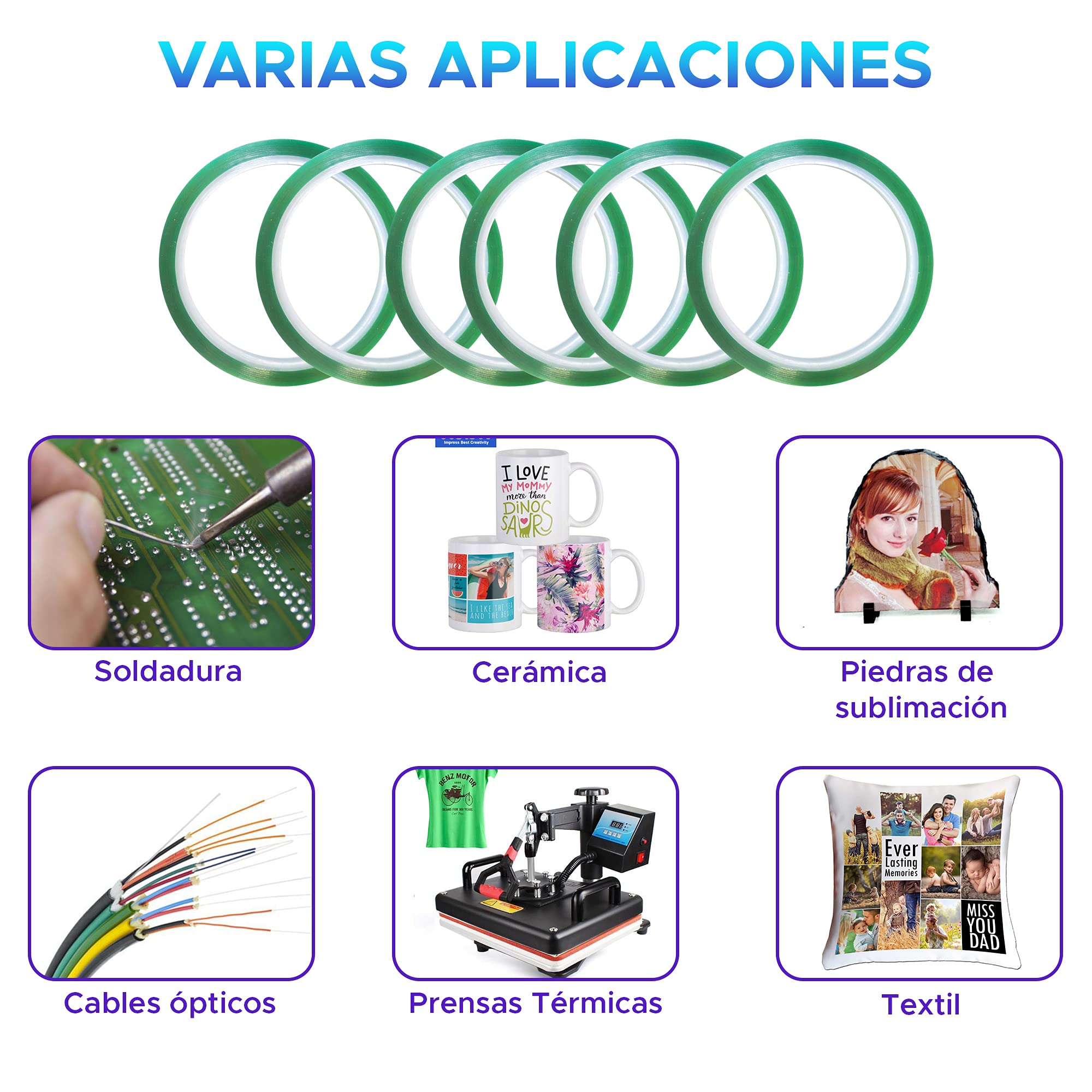 PACK 6 unidades de Cinta Térmica Adhesiva verde especial para sublimar, resistente a altas temperaturas |No Mancha