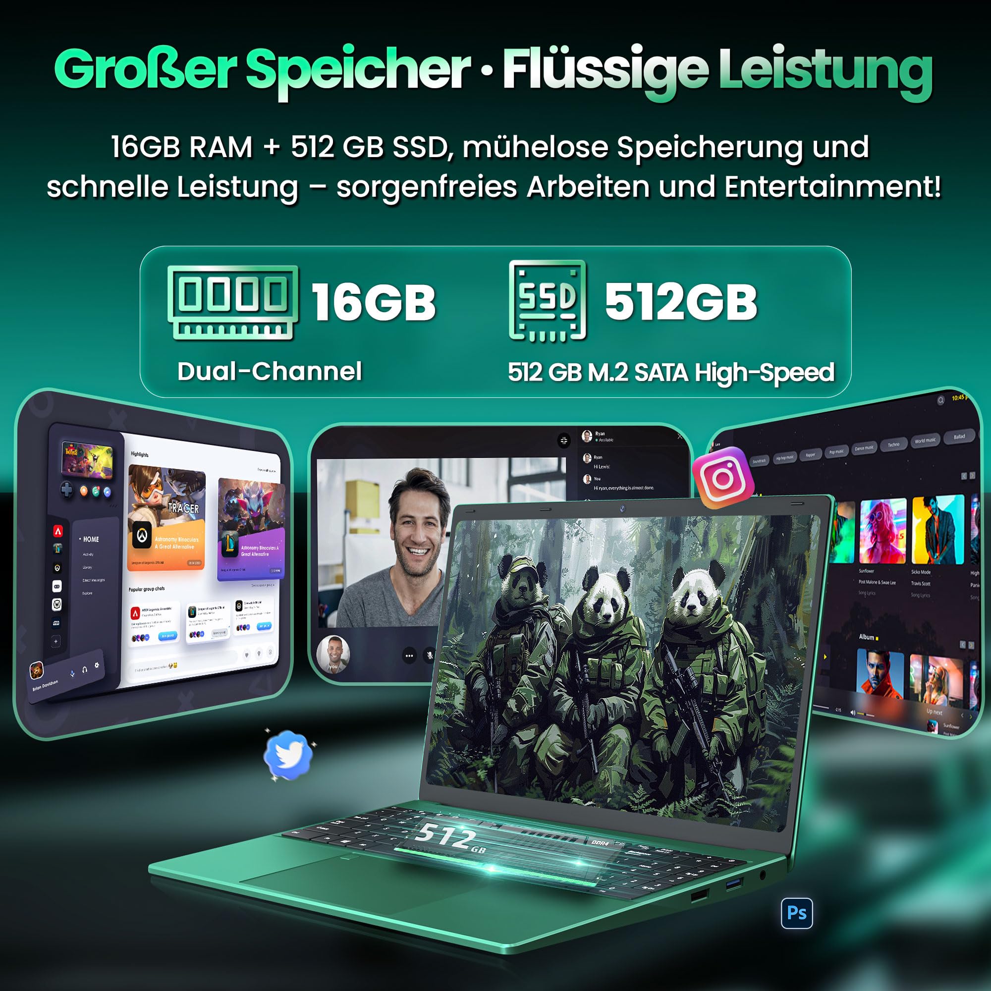 16-Zoll Business Laptop, 16GB RAM, 512GB SSD, 6500Y CPU bis zu 3,40 GHz | FHD IPS Display, Fingerabdruck, beleuchtete Tastatur, USB 3.0, WLAN, Type-C Charging, Grüner Notebook für, Arbeit, Schule