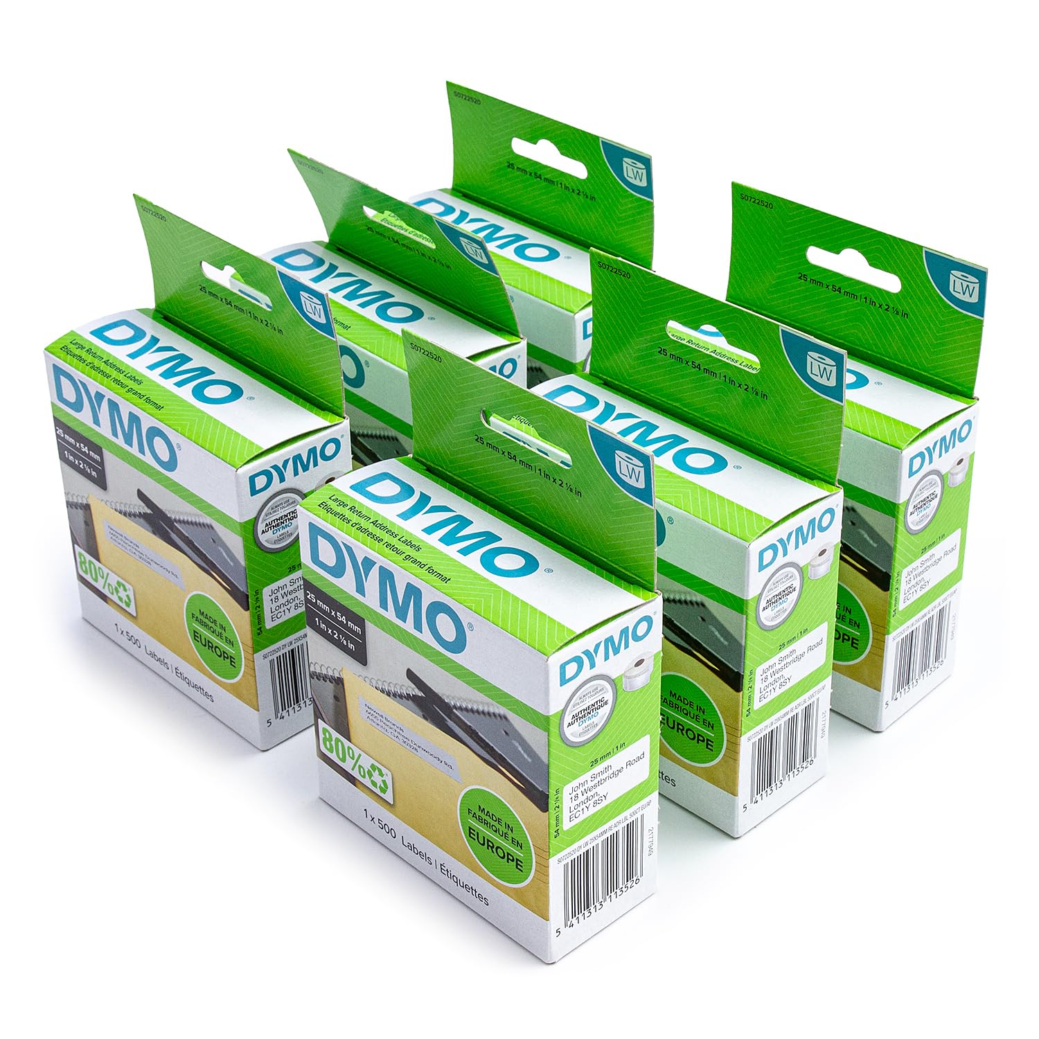 Dymo 11352 Etichette per indirizzi di reso, grandi, 25 x 54 mm, 500/rotolo, autoadesive permanenti, 6 rotoli + penna regalo