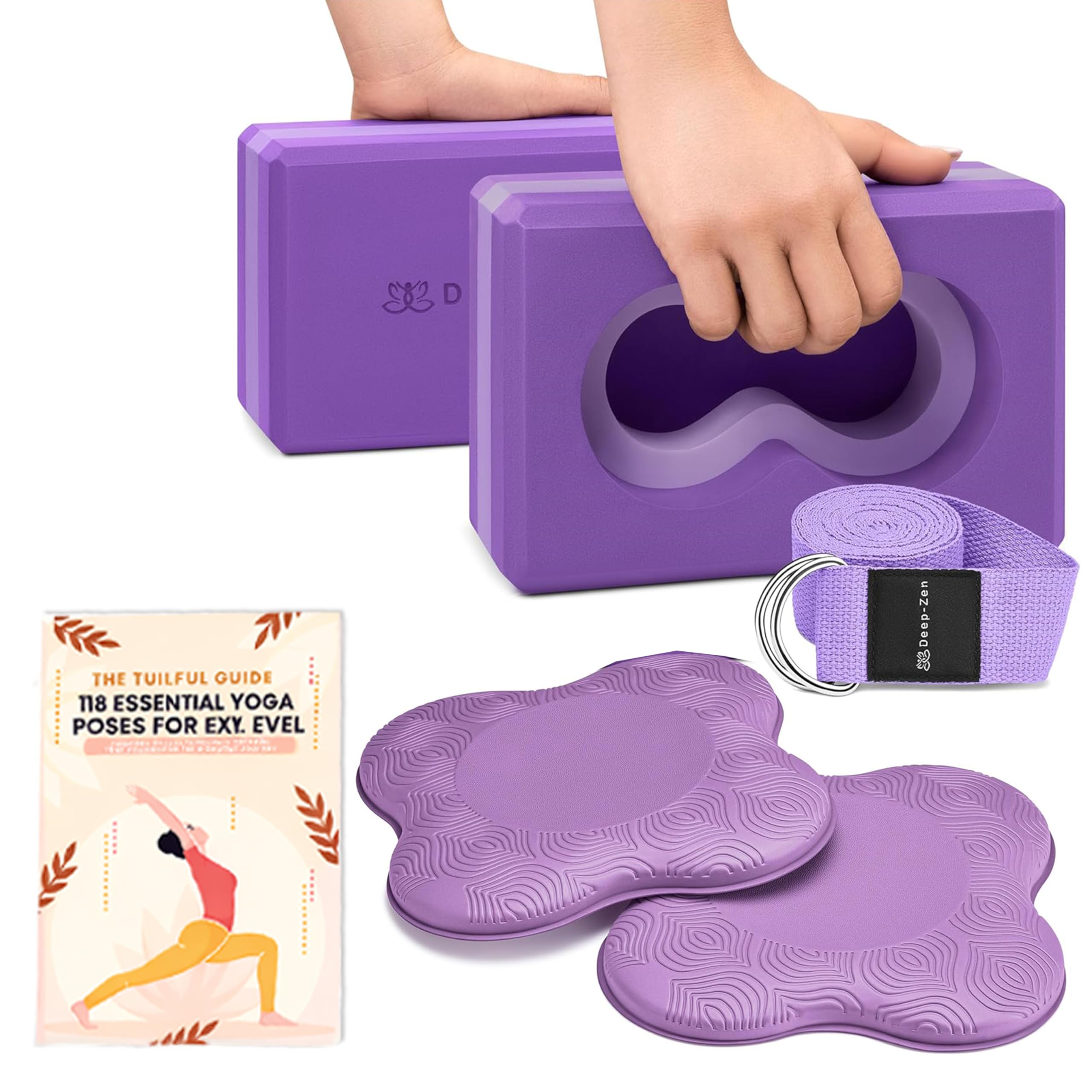 Deep-Zen® Yoga Blocks Wrist Support; Yoga Blocks 2 Pack with Knee Pads and Strap to Put Less Weight on Wrists; Durable, Versatile Yoga Brick Exercise Block Set, Blocks Yoga (Set of 3)
