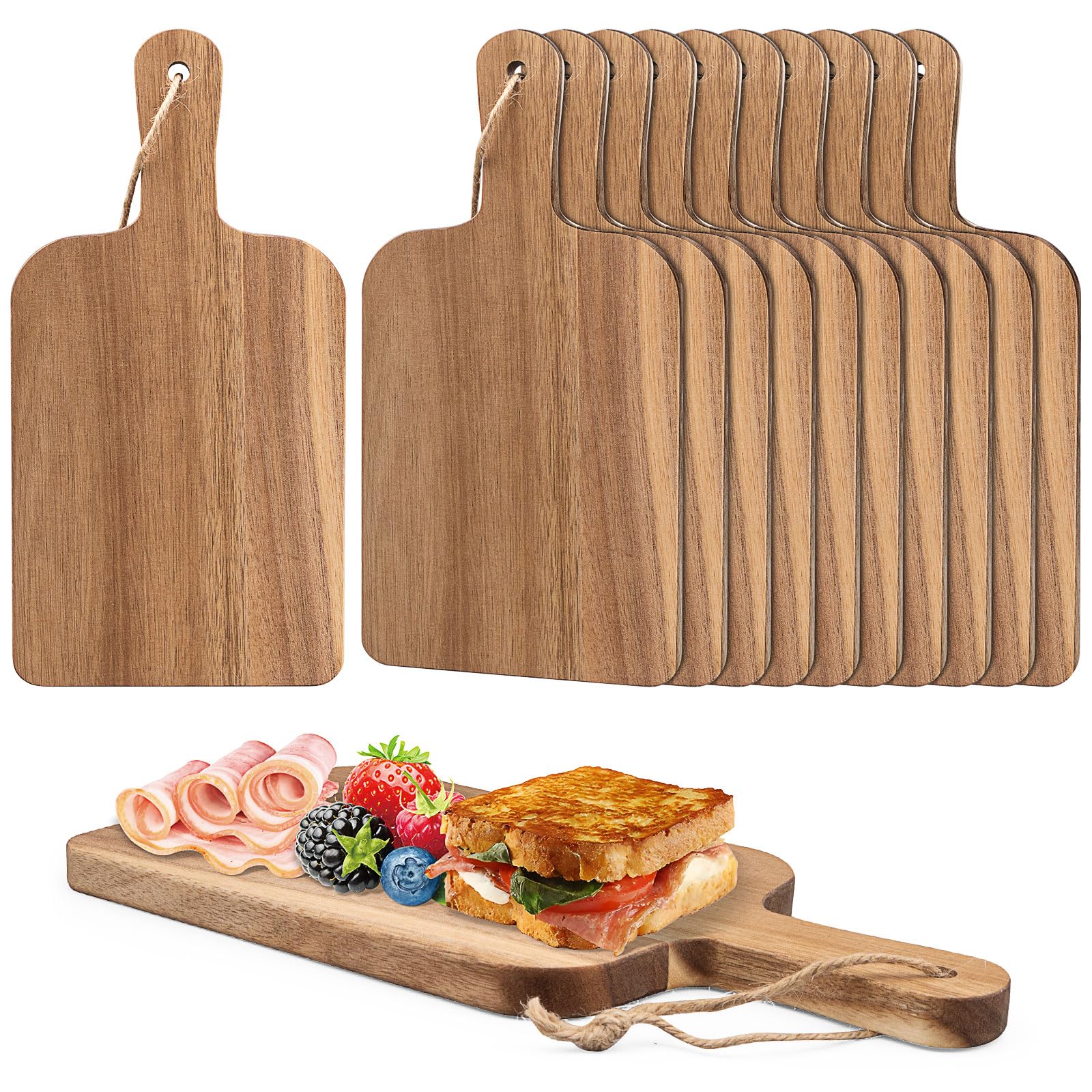 12er Set Akazienholz Schneidebretter mit Griff, 22 x 15 cm Kleine Holz Servierbretter, Holz Pizza Bretter Küchenbrett Schneiden & Servieren Frühstücksbrettchen für Käse Fleisch Brot Obst