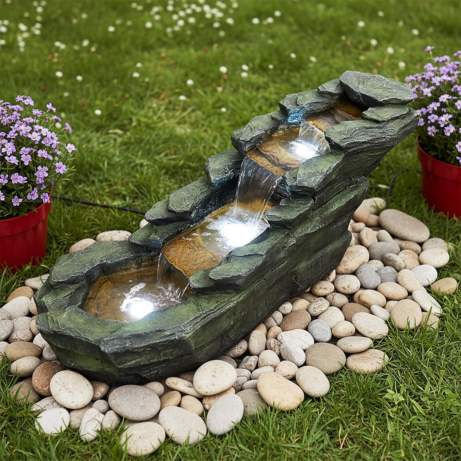 SunJet Cascading Rock Outdoor Water Fountain with LED Lights - 44” Length Resin Stone Look Garden Waterfall Fountain, Freestanding Floor Fountain with UL Certified Pump for Patio Backyard Yard Decor