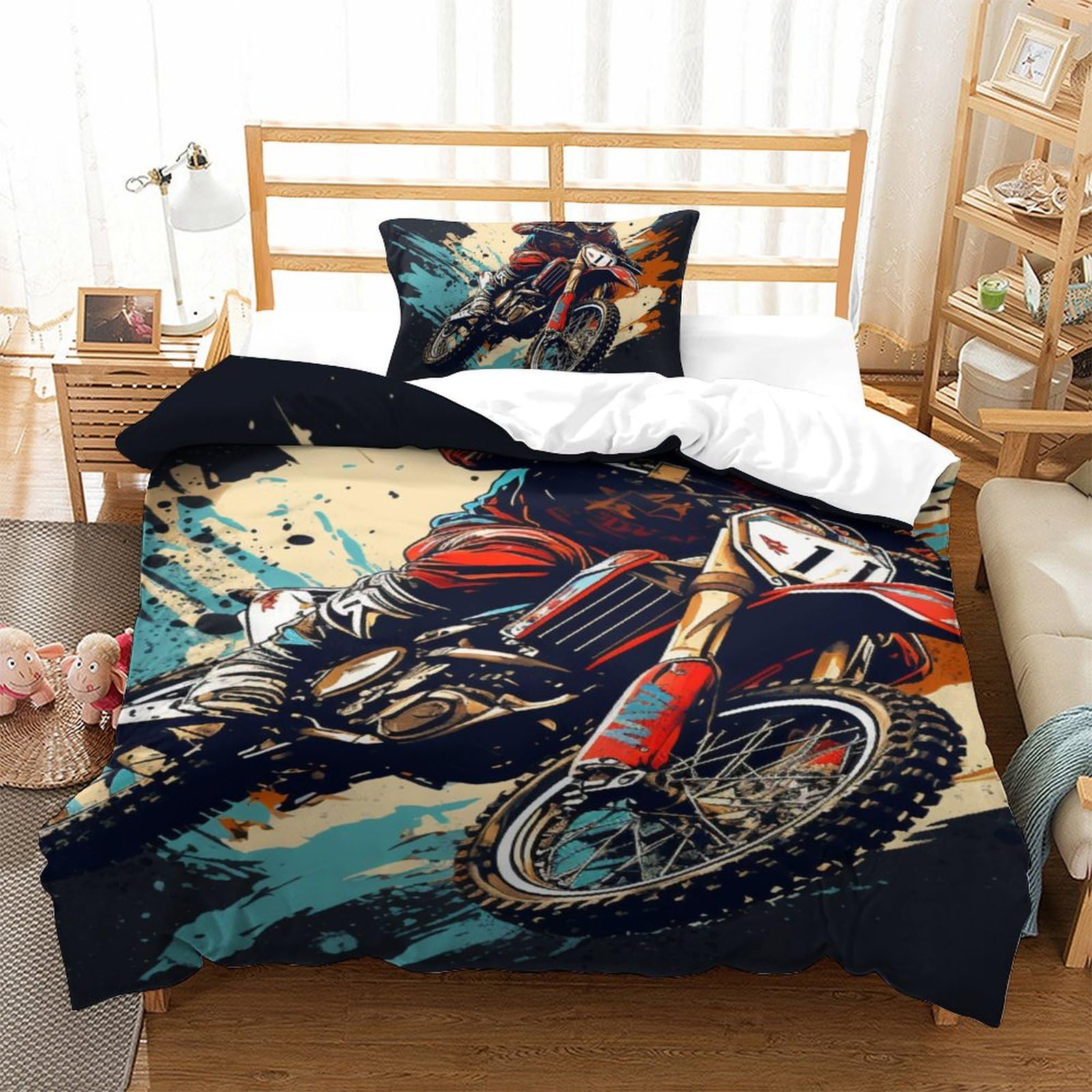 Housse de couette motocross 135x200cm en microfibre avec taies d'oreiller pour lit simple