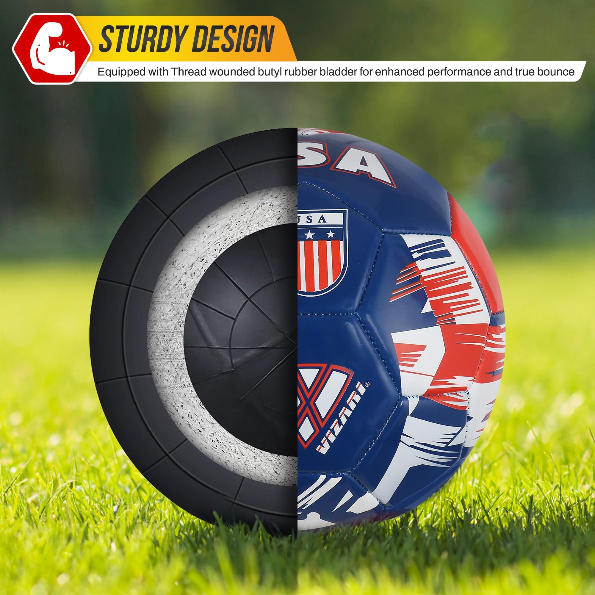 Vizari Pallone da calcio della squadra nazionale, resistente pelle sintetica e gomma, tre misure, nove palle country – aumenta il tuo gioco con l'iconica rappresentazione del team (3, blu navy/USA)