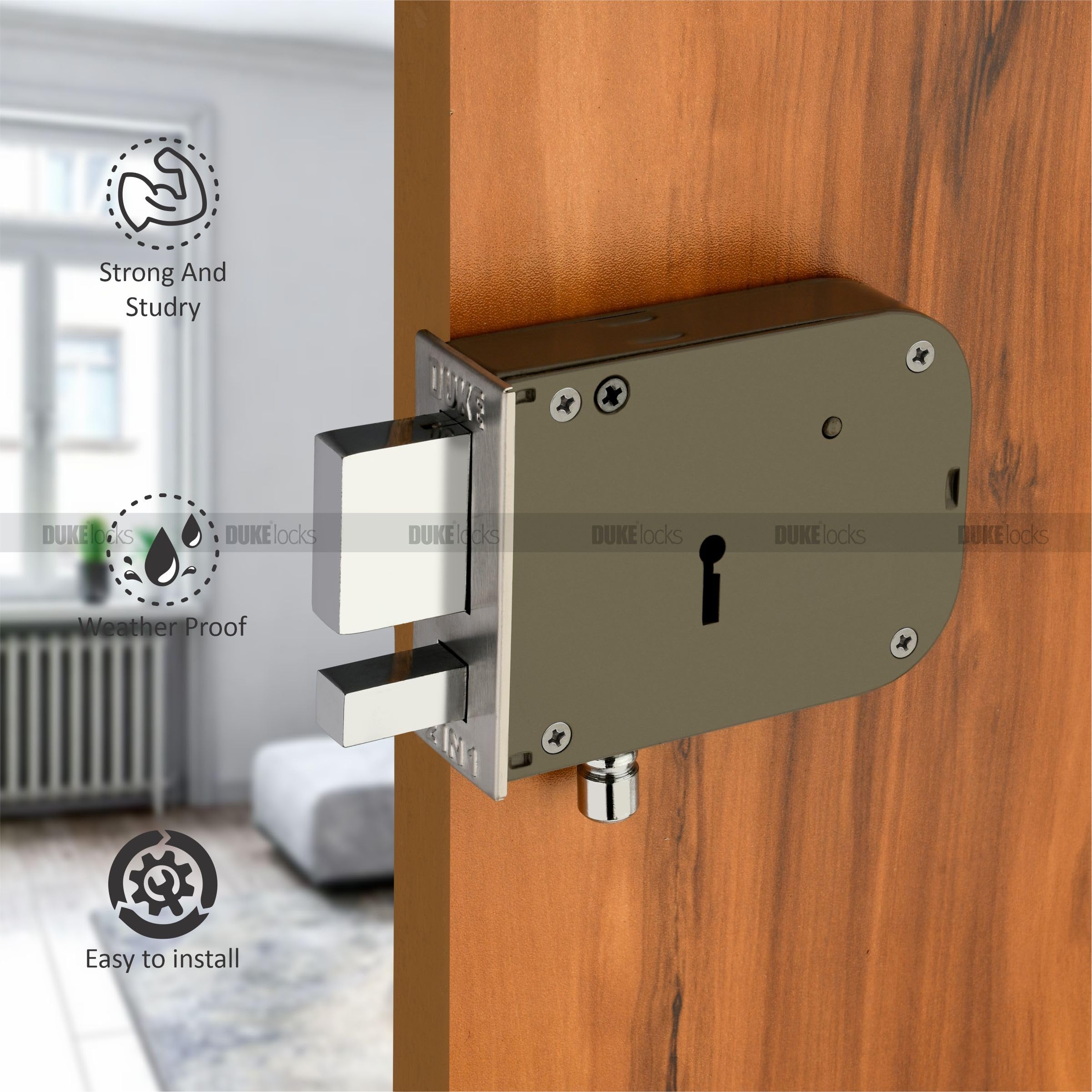 DUKE Door Lock Dyna 2-1 Heavy Main Door Lock with One Solid Hudka and Latch 6 Levers 100mm Double Action Locking with 2 Chrome Finish Keys — Amazon image 2