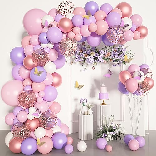 Kit de arco de guirnalda de globos rosa, oro rosa, blanco, rosa y morado, globos de confeti, globos de látex, calcomanías de mariposa, decoraciones