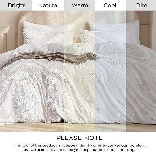 Miniatura 7 de JELLYMONIJuego de funda de edredón blanco brillante, king, 3 piezas, de microfibra, estilo capitoné, texturizado, bohemio, con patrón geométrico de