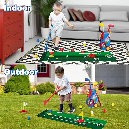 Miniatura 7 de Juego de palos de golf para niños y niñas de 2, 3, 4, 5 años, juego de palos de golf para niños con carrito y tapete de puting, juguetes deportivos