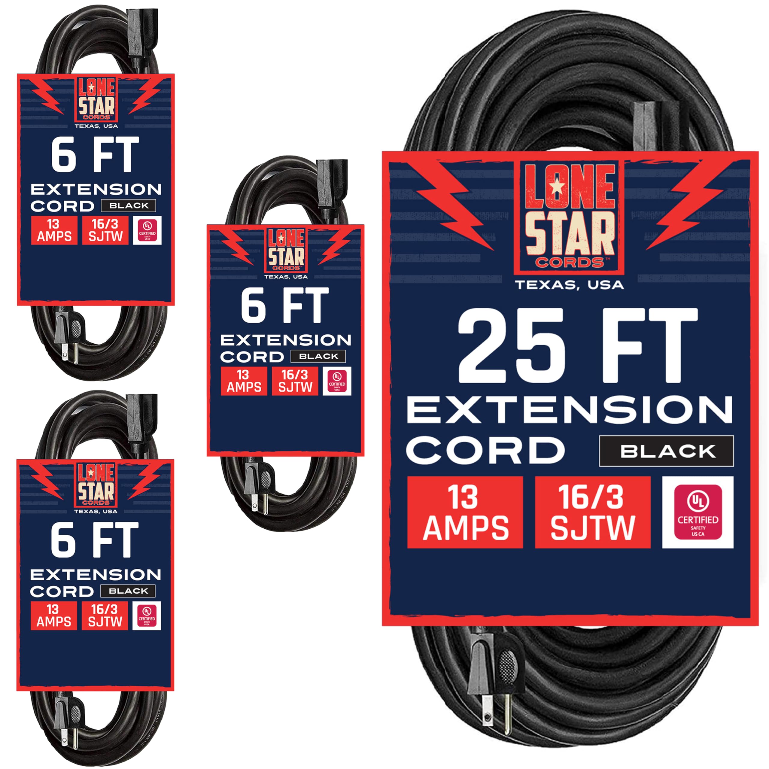 Lone Star 3 Pack Outdoor Extension Cord 6 ft, SJTW 16 AWG 13AMP Black Exterior Cable 3 Prong & Outdoor Extension Cord 25 ft, 16/3 13 Amp Weatherproof SJTW Heavy Duty Long Black 3 Prong Grounded Plug