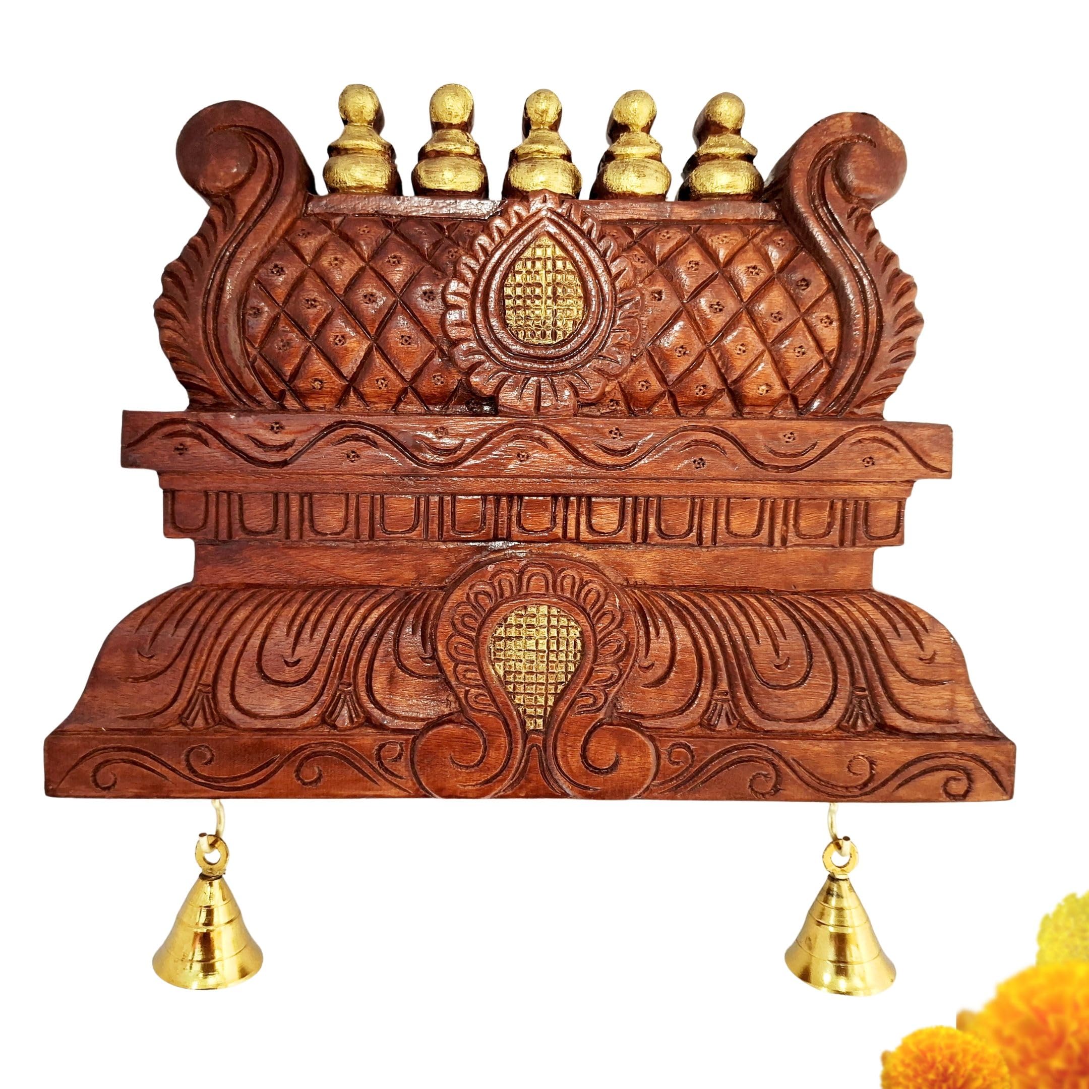 JLine Arts Wooden Temple Gopuram Wall Panel 12 Inch | Hand-Carved Antique Mandir Dome Décor | Solid Wood Pooja Room & Entrance Wall Hanging with Brass Bells-image-17