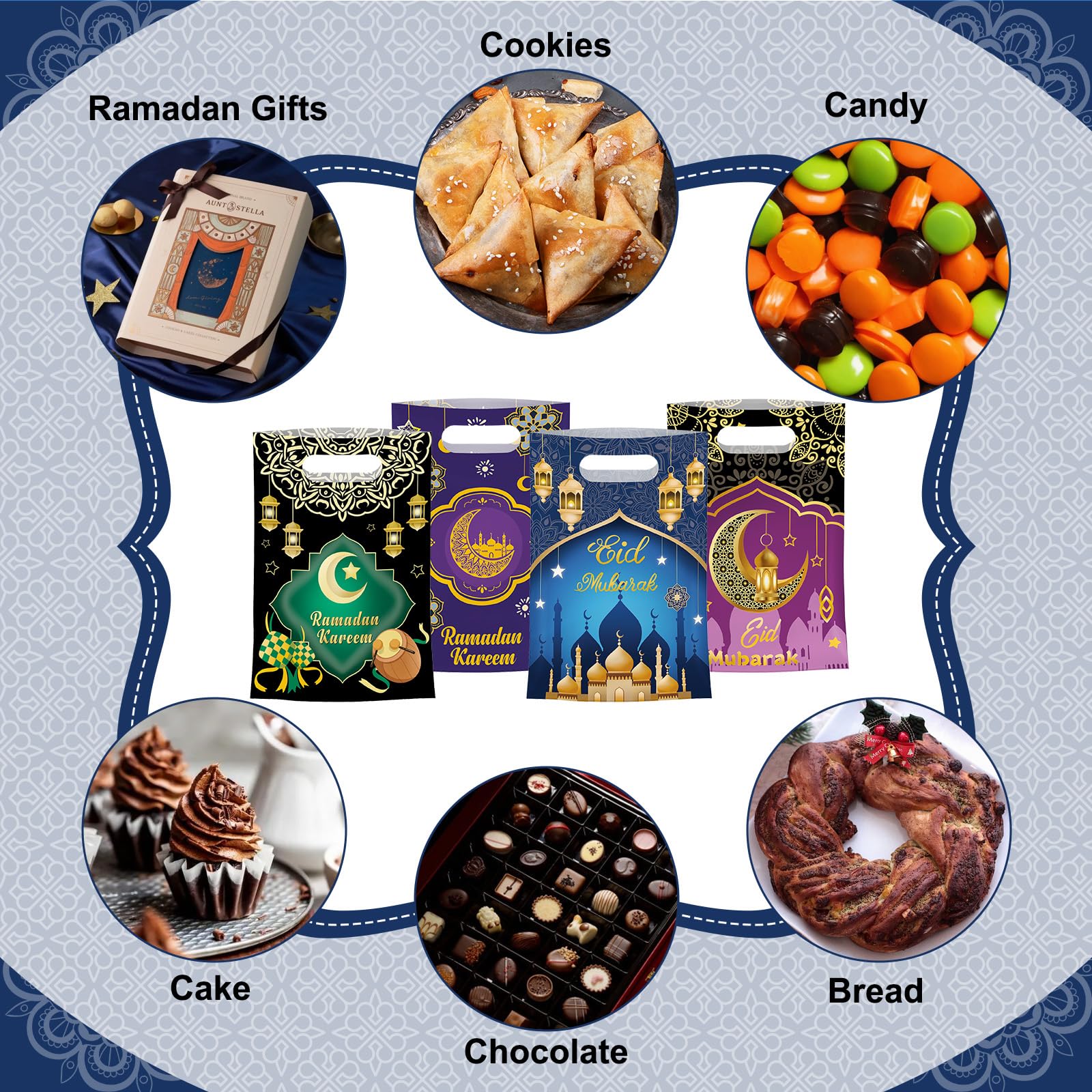 50 Pcs Ramadan Gift Bags with Handles - Eid Mubarak Goodie Bag, Ramadan Kareem Plastic Goody Candy Cookie Snack Treat Party Favor Bags Bulk for Islamic Muslim Eid Mubarak Party Supplies Favors,4 Style