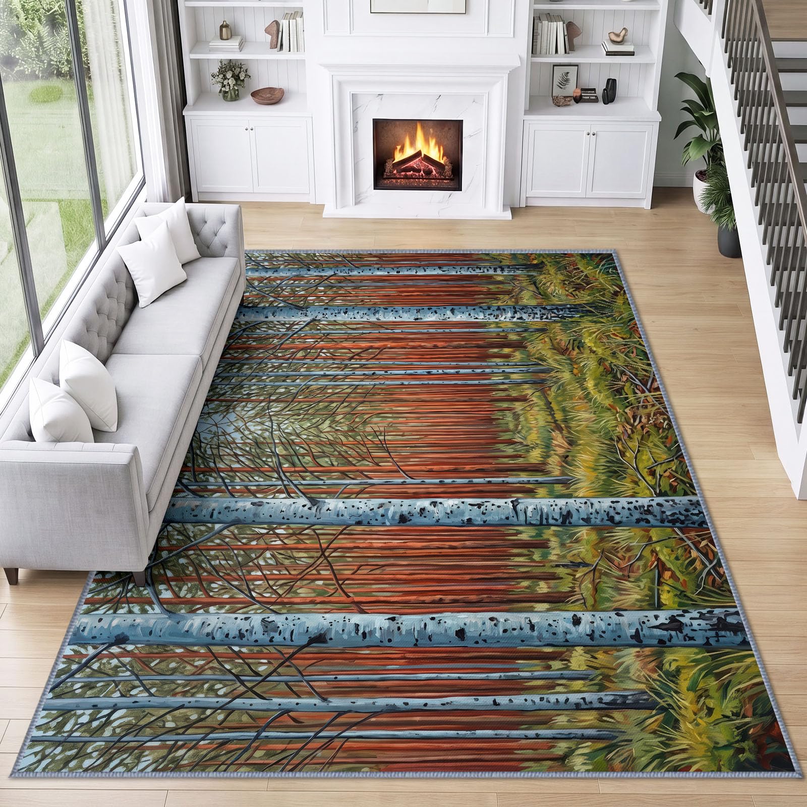 Generisch Teppich Wohnzimmer 200x300 cm, Wald Gras Teppich Waschbar Kurzflor Weich rutschfest, Impressionistisch Natürlich Landschaft für Schlafzimmer, Esszimmer und Büro