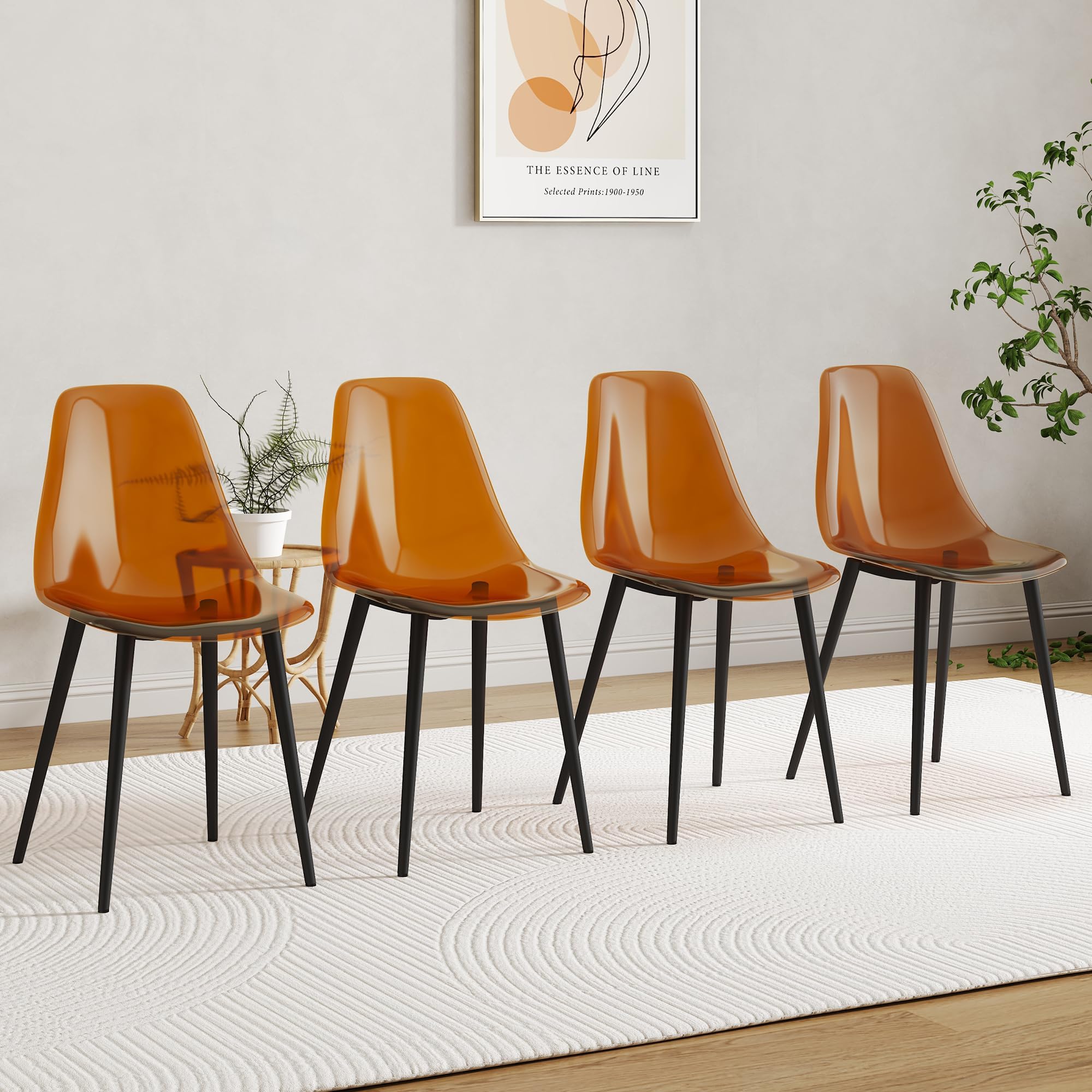 BaysitoneClear Dining Chairs Set of 4, Modern Kitchen Chairs with Transparent Seat, Dark Brown Acrylic Accent Side Chairs with Plating Metal Legs for Dining Room, Kitchen, Living Room with Black