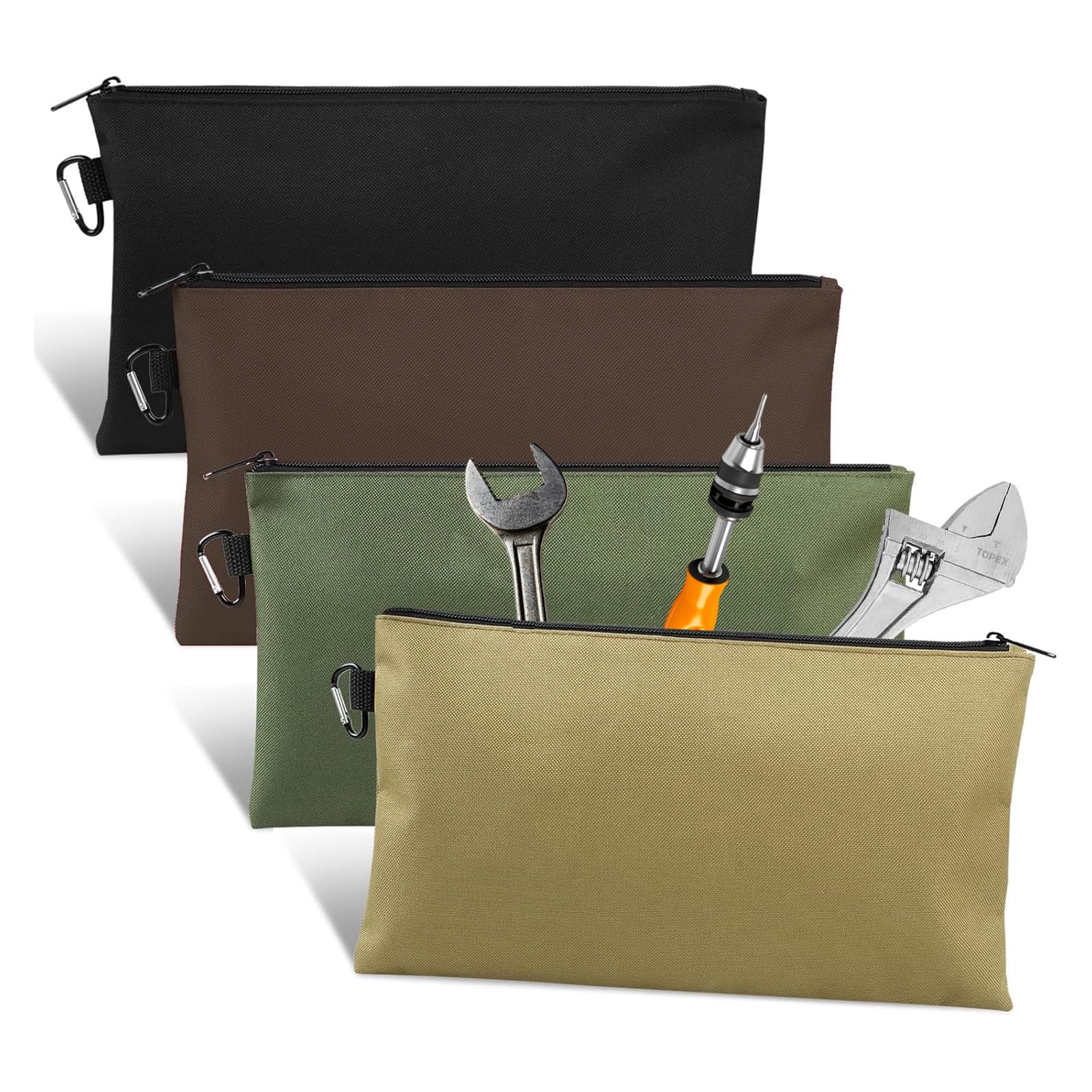 4Pcs Premium Tool Bag Set,12 inch Zippered Tool Pouch with Carabiner Clip,Versatile Storage Solution for Tools, Stationery, Pencils, Gadgets, and Cosmetics(4 Colors)