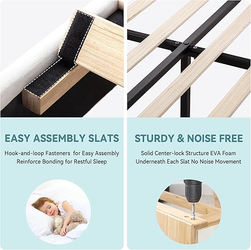 Miniatura 20 de HOOMIC Base de cama de plataforma de tamaño matrimonial, cama tapizada de terciopelo moderno con cabecera capitoné de canal vertical ajustable,