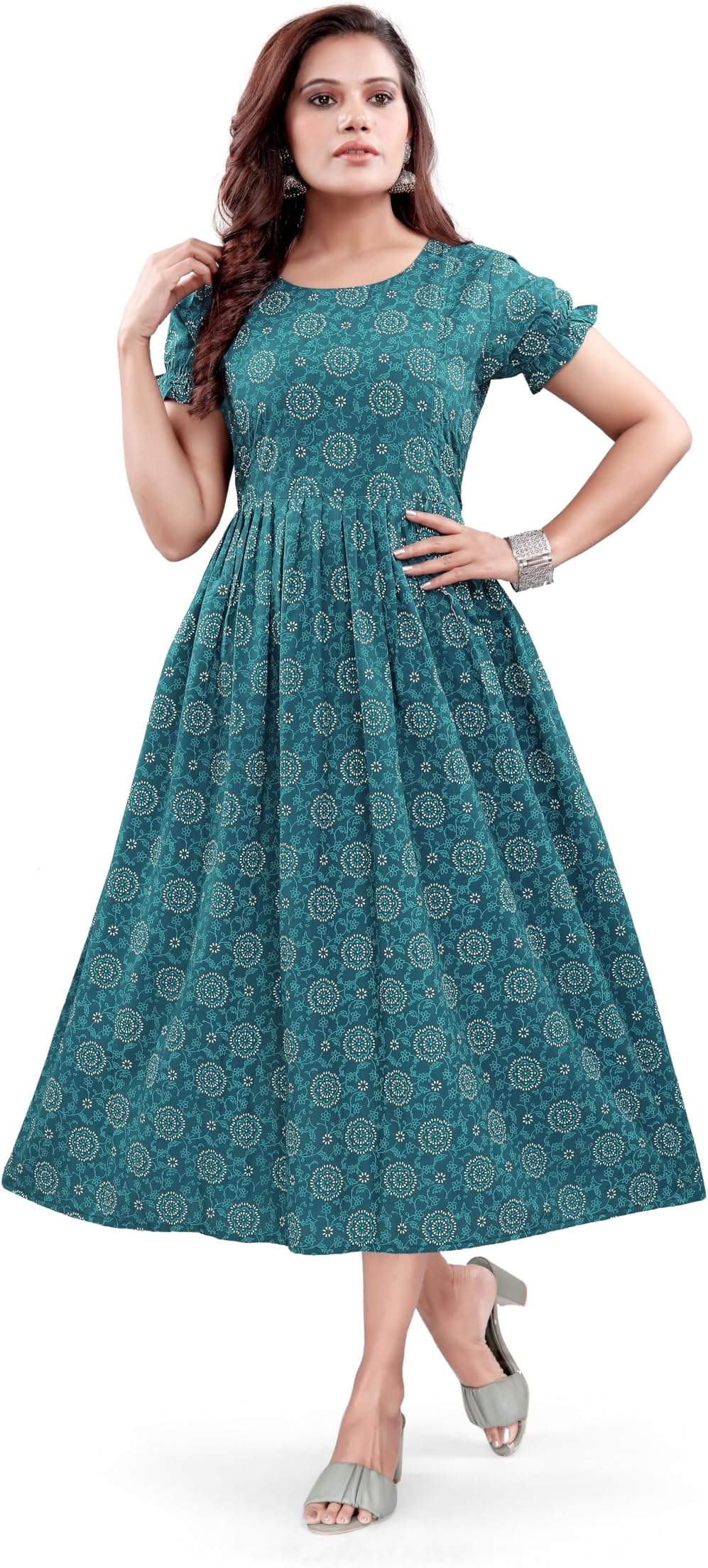 Printed Flared Maternity Dress for Women, Feeding Kurti with Concealed Zip