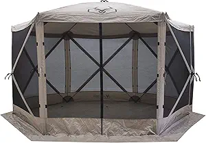 Gazelle Tents™, G6 6-Sided Portable Gazebo, Easy Pop-Up Hub Screen Tent, Waterproof, UV Resistant, 8-Person & Table, Desert Sand, 86" x 124" x 124", GG601DS