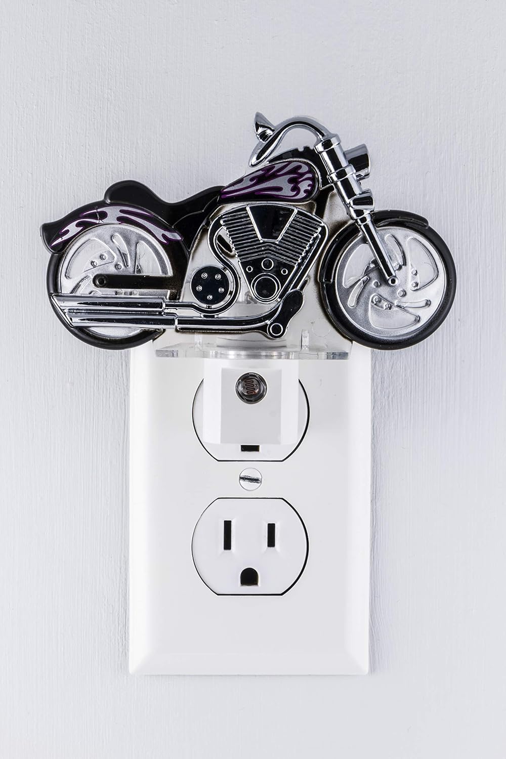 GE LED Motorcycle Night Light, Plug-In, Dusk-to-Dawn Sensor, Auto On/Off, Energy-Efficient, Soft White, Flames & Chrome Design, Ideal for Bedroom, Playroom, Bathroom, & More, Black/Silver, 10904
