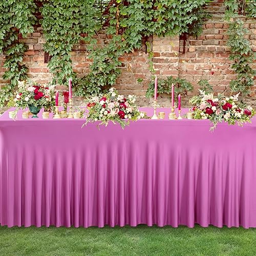 Miniatura 3 de Faldones de mesa de elastano fucsia para mesas rectangulares de 4 pies, mantel plegable elástico para bodas, fiestas de cumpleaños, banquetes, baby