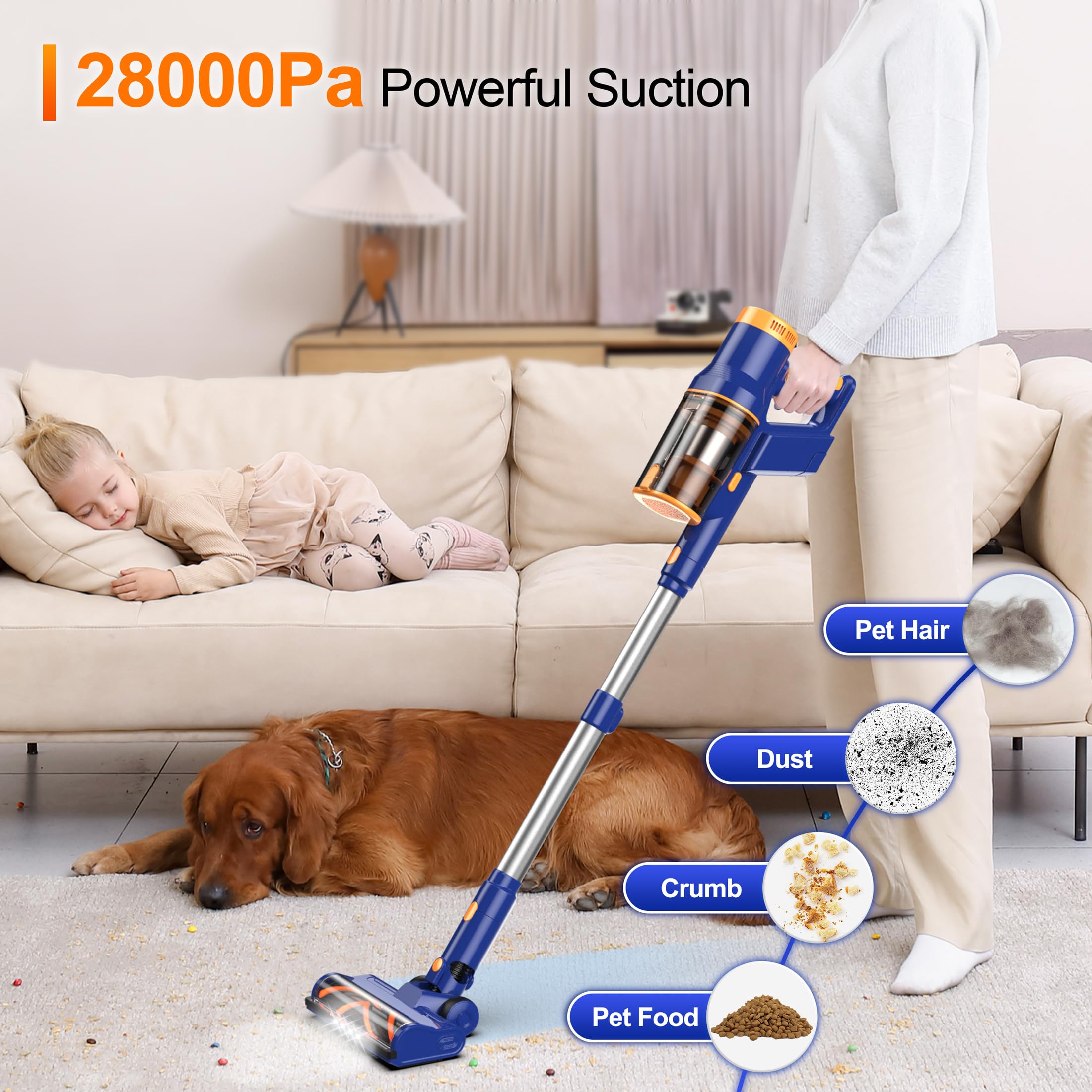Haovac Cordless Vacuum Cleaner, 350W Vacuum Cleaners for Home, Stick Vacuum Cordless with Low Noise, LED Screen, Wall Mount Charging,1.8L Dust Cup, Rechargeable Vacuum Pet Hair/Carpet/Hardfloor