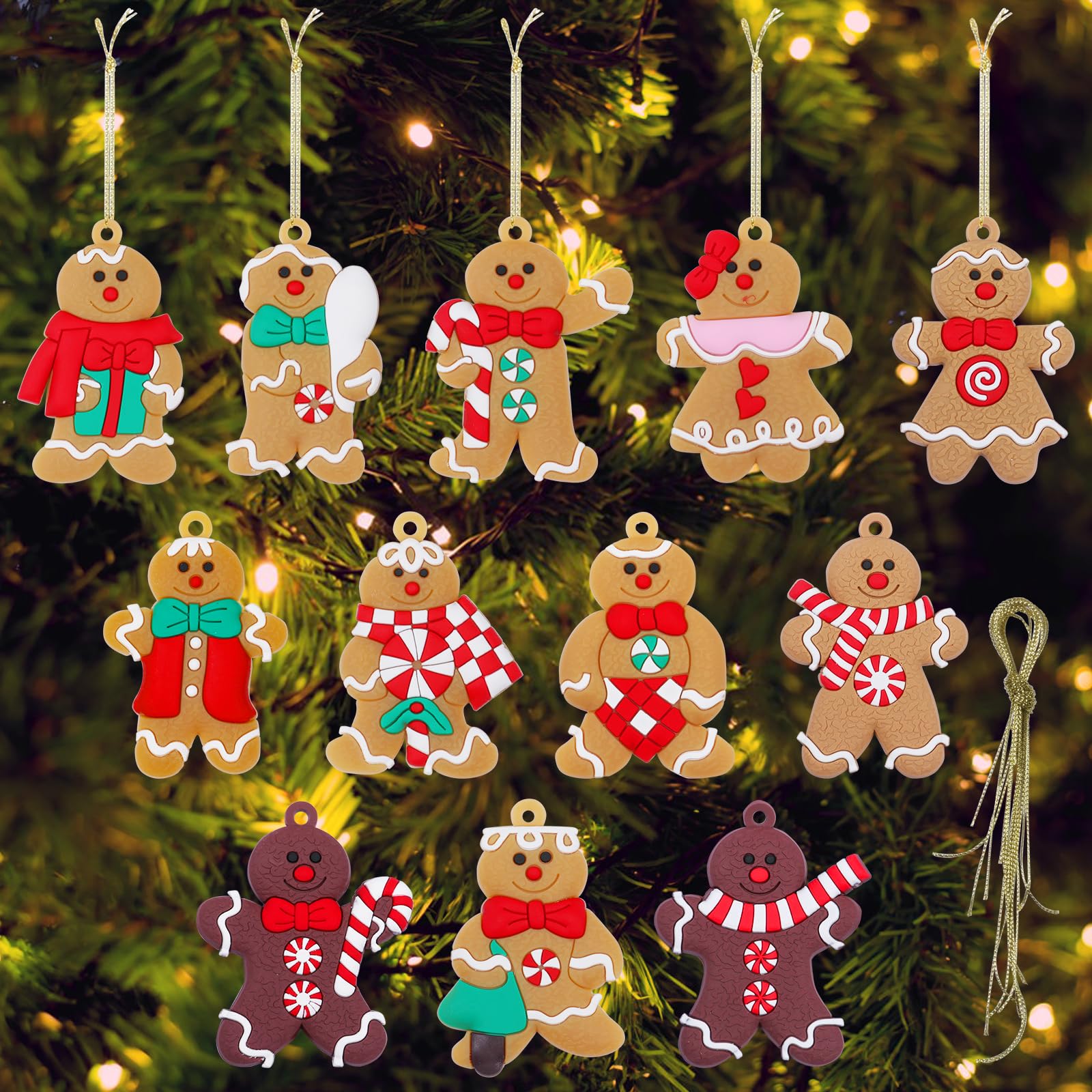 12pcs Gingerbread Man Ornaments for Christmas Tree, Assorted Styles, Holiday Decorations