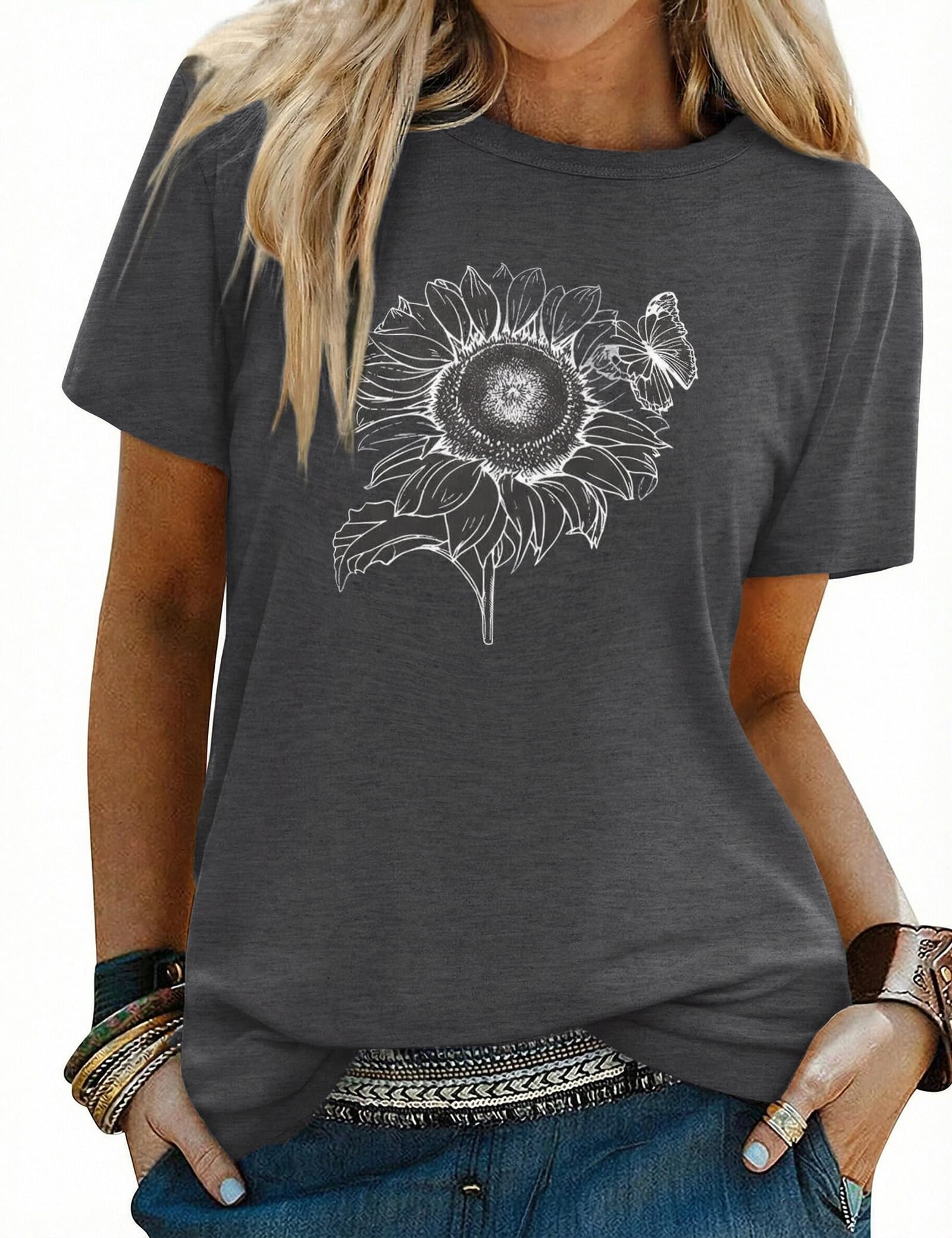 Gyabnw Damen Sonnenblumen T Shirt Sommer Rundhals Basic Tops Kurzarm Bluse Casual Freizeit Oberteil