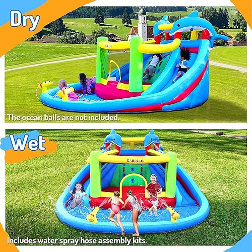 Miniatura 2 de Tobogán acuático inflable con casa de rebote, estilo delfín, piscina de salpicaduras, cañón de agua doble, pared de escalada, soplador GFCI