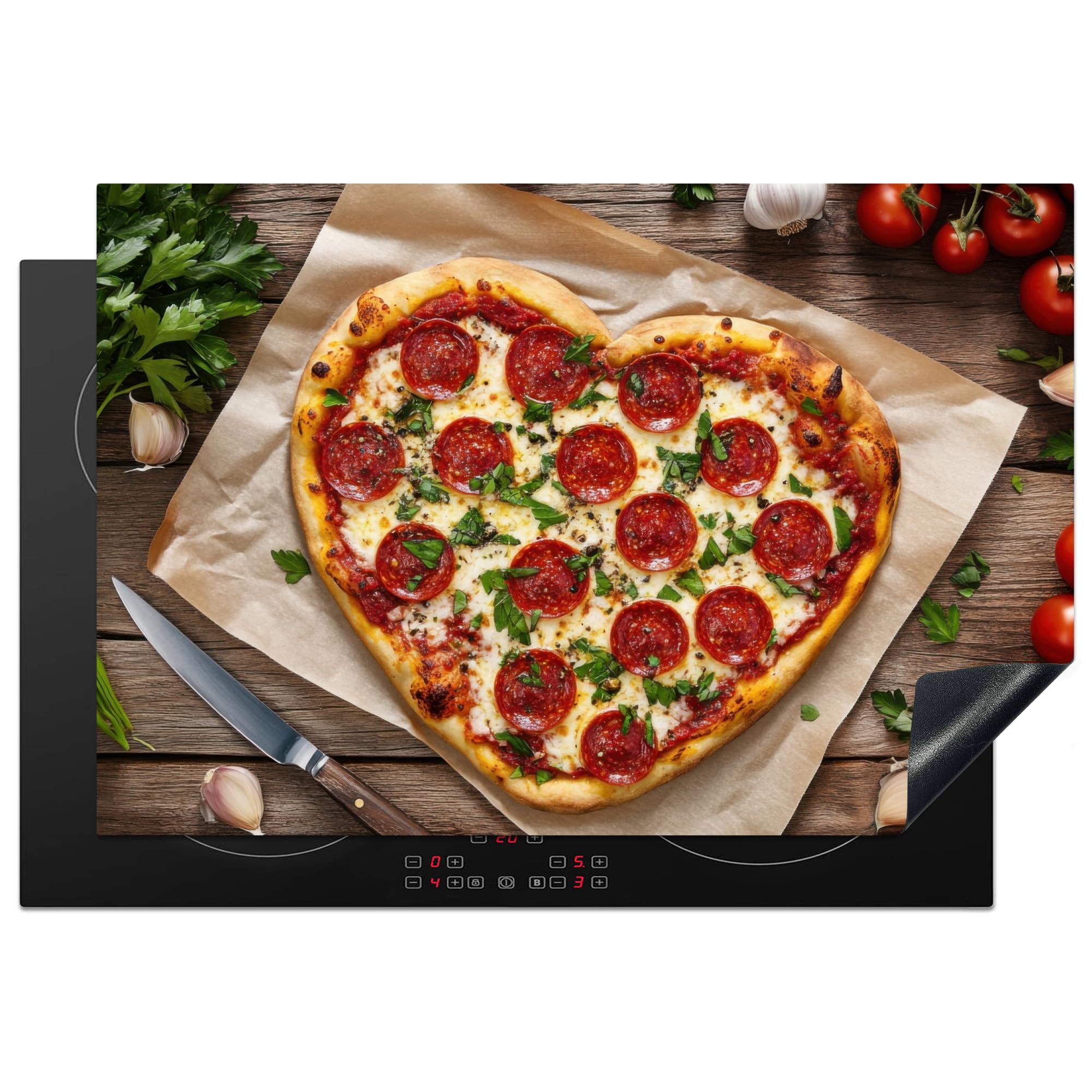 KitchenYeah© Induction Hob Cover Protector Mat 20.1"x30.3" / 77x51 cm Kitchen Universal Ceramic Covers for Electric Cookers Vinyl Pizza - Heart - Pepperoni - Tomato