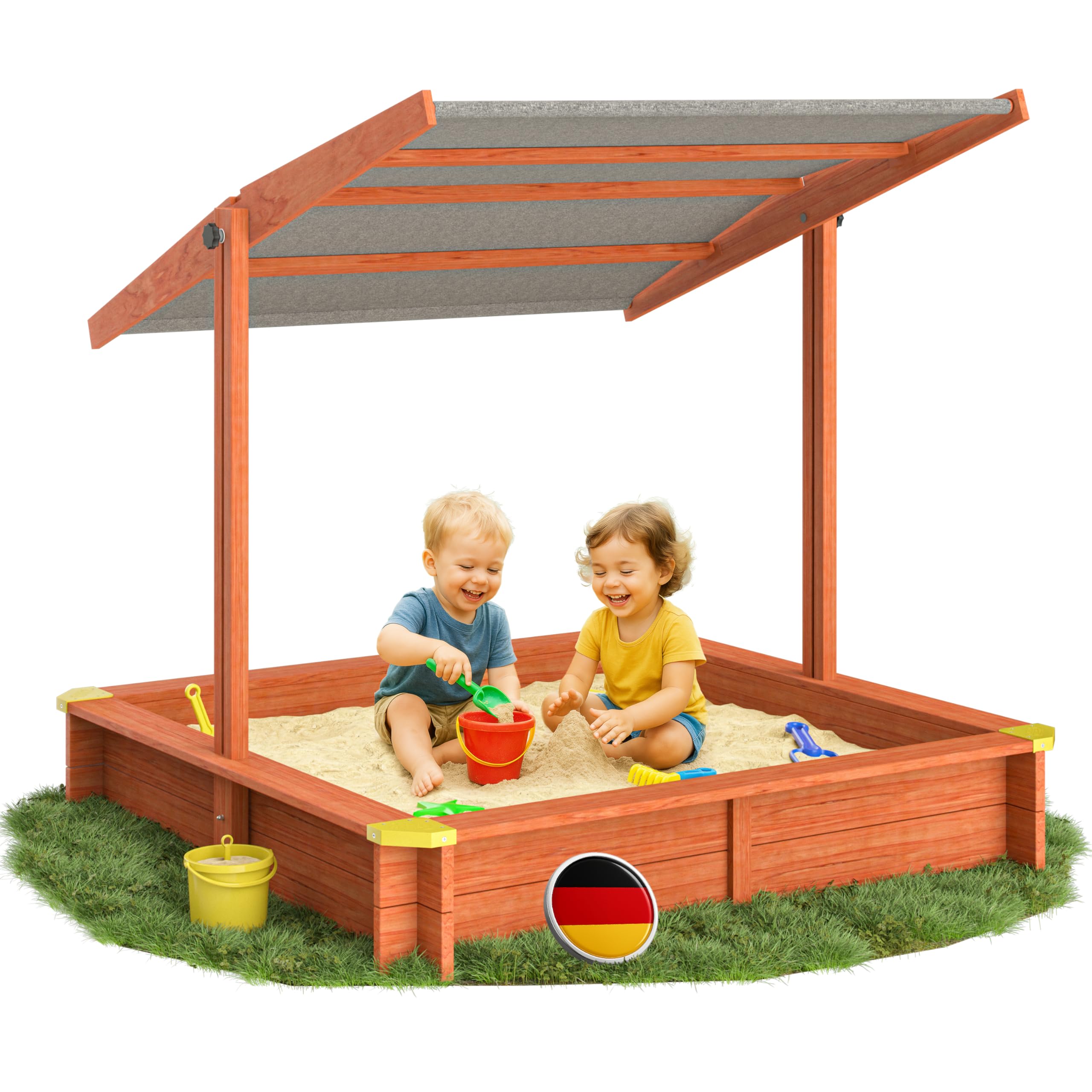 SPIELWERK® Bac à Sable en Bois Max 140x140cm Tapis de Sol Toit réglable Protection UV 50+ Jeu pour Enfants extérieur Jardin