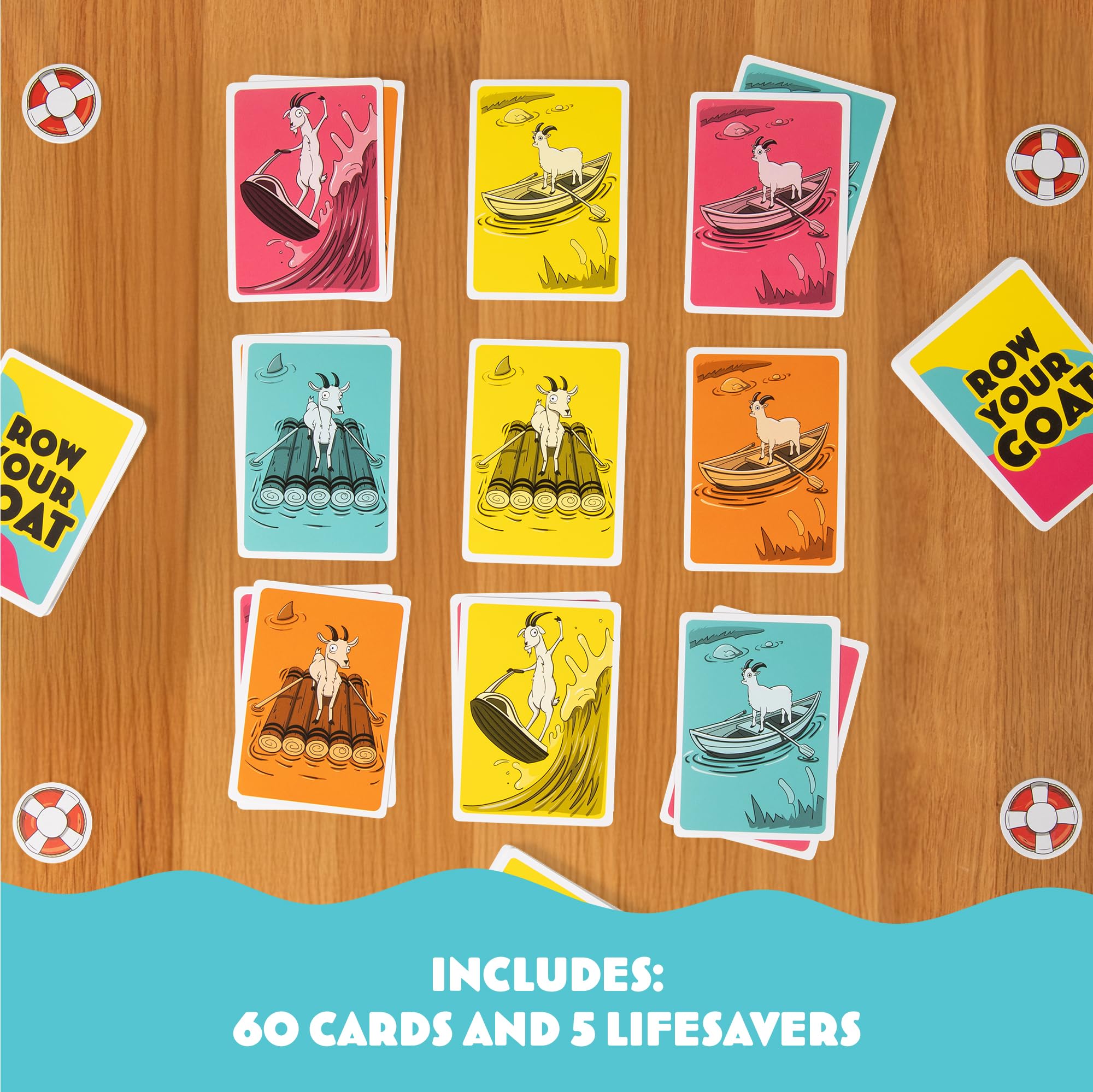 Row Your Goat: By Exploding Kittens, 2-6 Players, Age 7+ Fast Card Game | Play goat cards, spot matching colors or boats, and grab a lifesaver fast. The slowest player collects the pile! Family Game