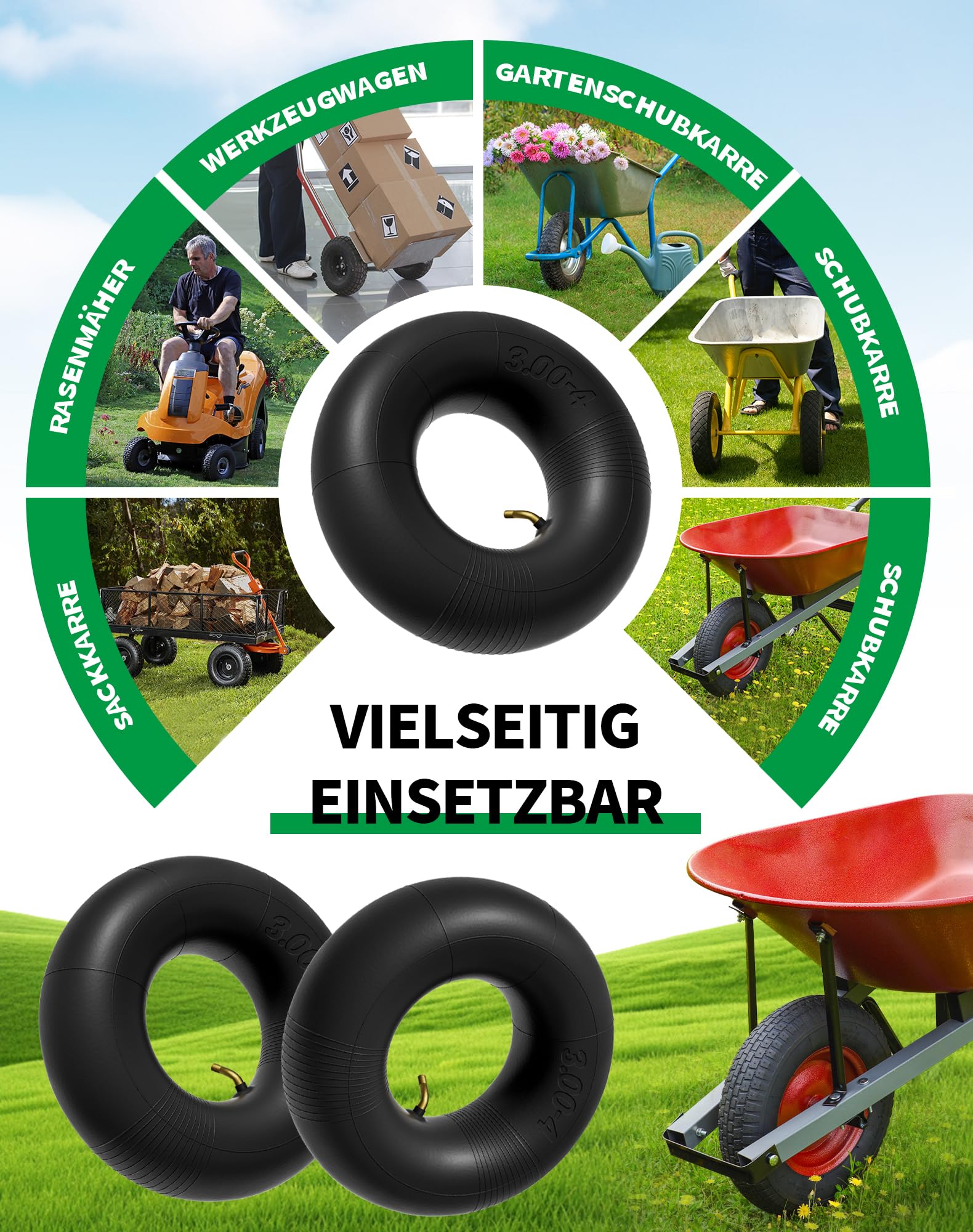 2x Ersatzschlauch 3.00-4 / 260x85mm Für Schubkarre & Sackkarre – Mit TR87 Winkelventil, Butylkautschuk, Robust & Langlebig