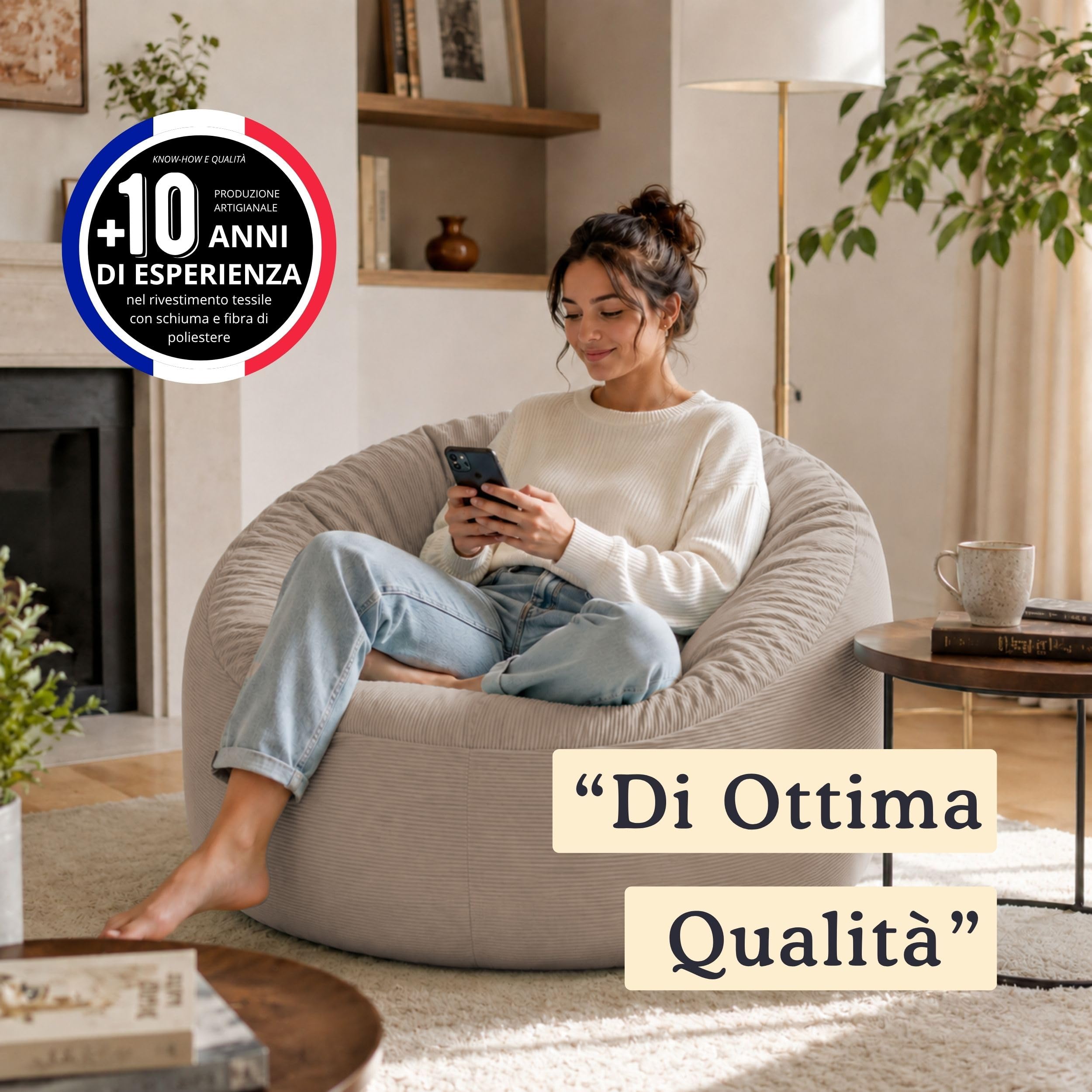 bananair - Pouf Poltrona Sacco in Velluto a Coste - Morbido e Confortevole - Imbottitura in Schiuma, Ottimo Supporto per la Schiena - Pouf Divano Gigante (100 cm, Beige)