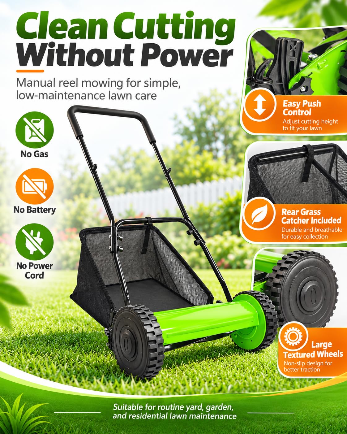 Cortacésped Manual Helicoidal de Empuje con Recogedor Altura Ajustable 17 a 33 mm Ancho de Corte 30 cm Cuchillas de Acero al Manganeso 65 para Jardín Césped Patio Hogar,Verde