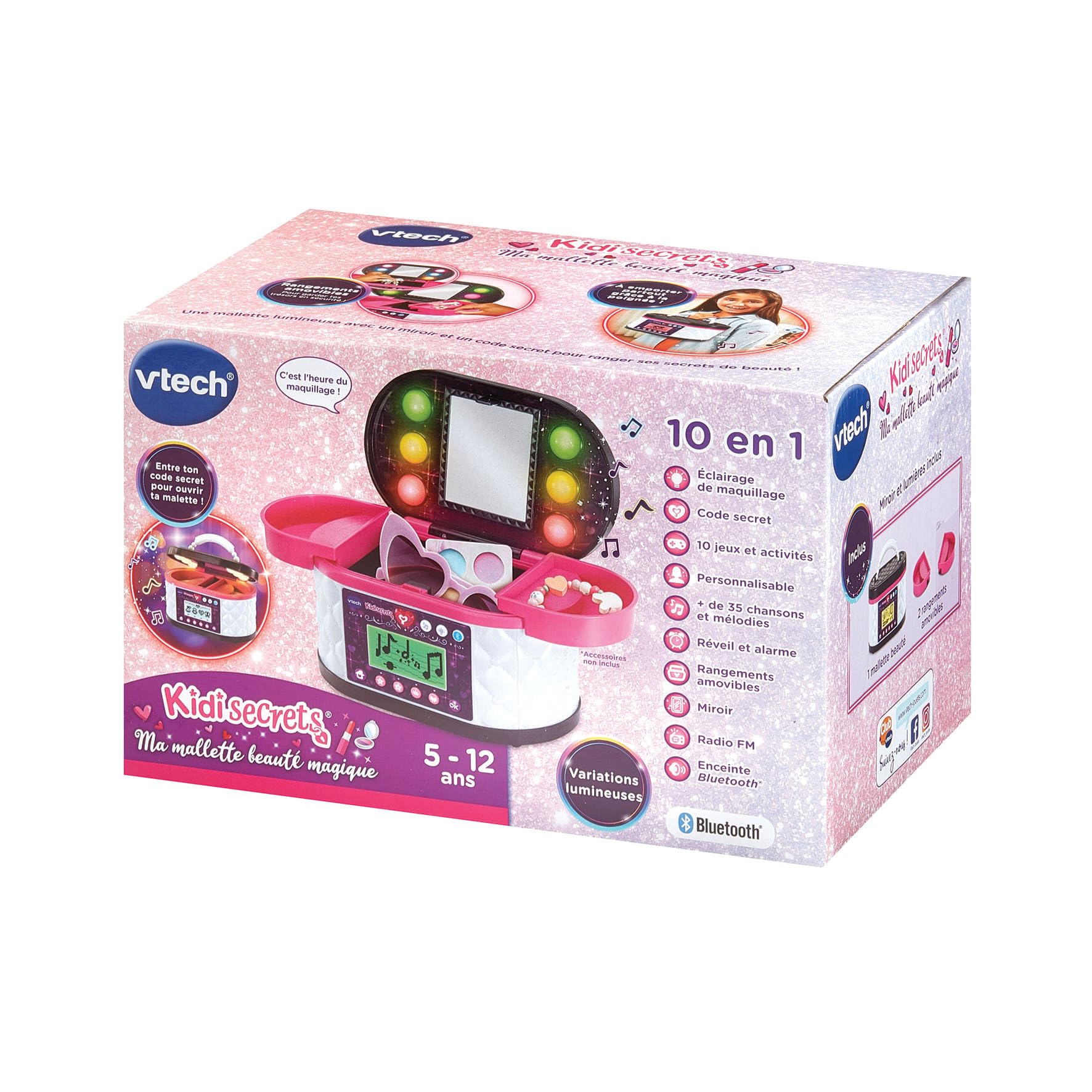 VTech - KidiSecrets Ma Mallette Beauté Magique Noire - Boîte Secrète avec Code, Miroir LED, Bluetooth, Jeux - Vanity Maquillage, Boîte à Bijoux Musicale - Cadeau Enfant Dès 5 Ans - Contenu en Français