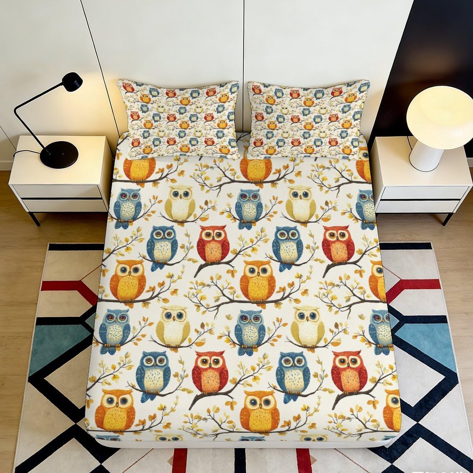 3D Printed Colourful Owl Branch Fitted Sheet Microfiber Soft Bed Sheet for Bedroom Dorm Mattress Protection Decor 90x200x25cm