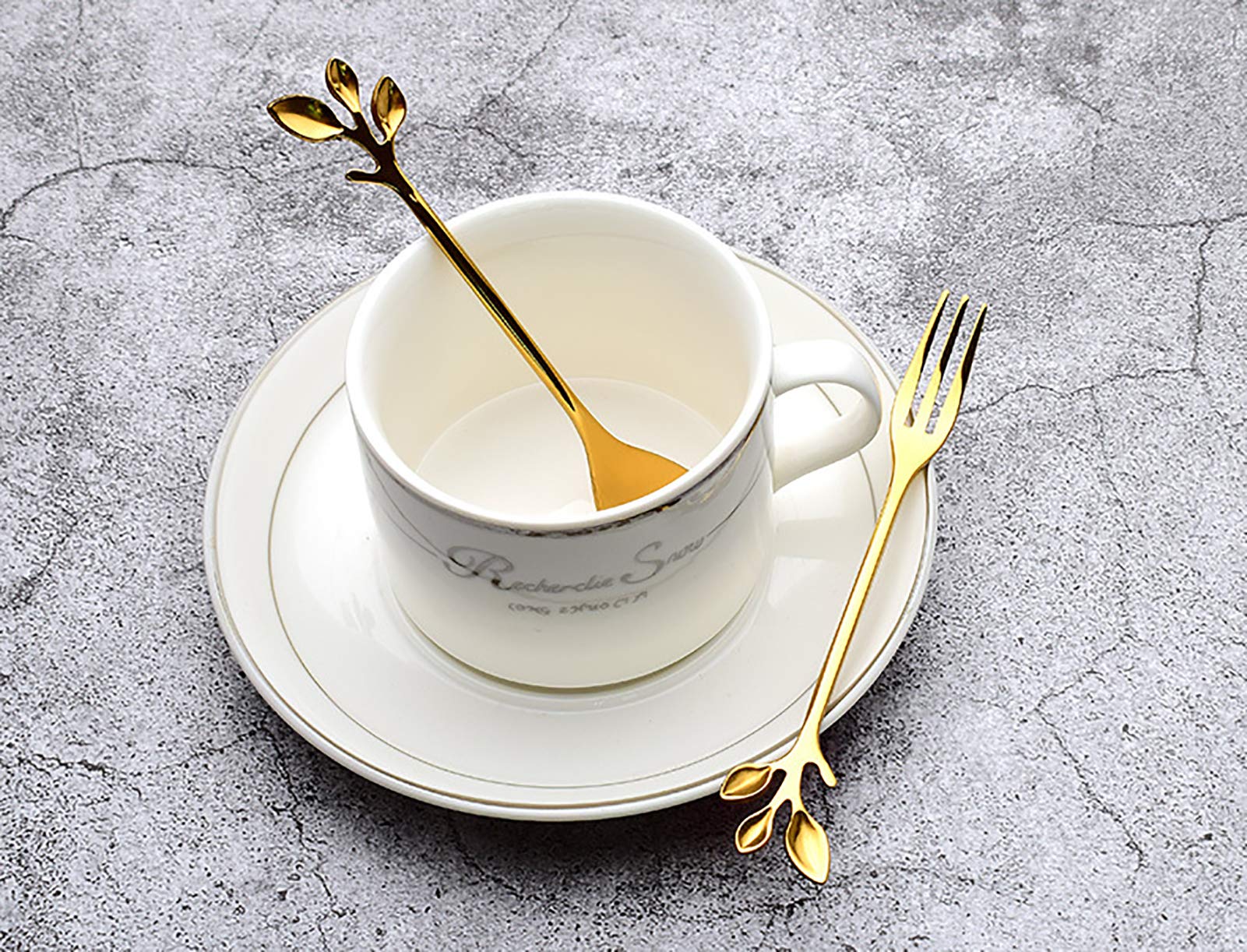 Gold Leaf - Juego de 6 cucharas de café retro Demitasse de 4.7 pulgadas, mini cubiertos de acero inoxidable, vajilla de cocina