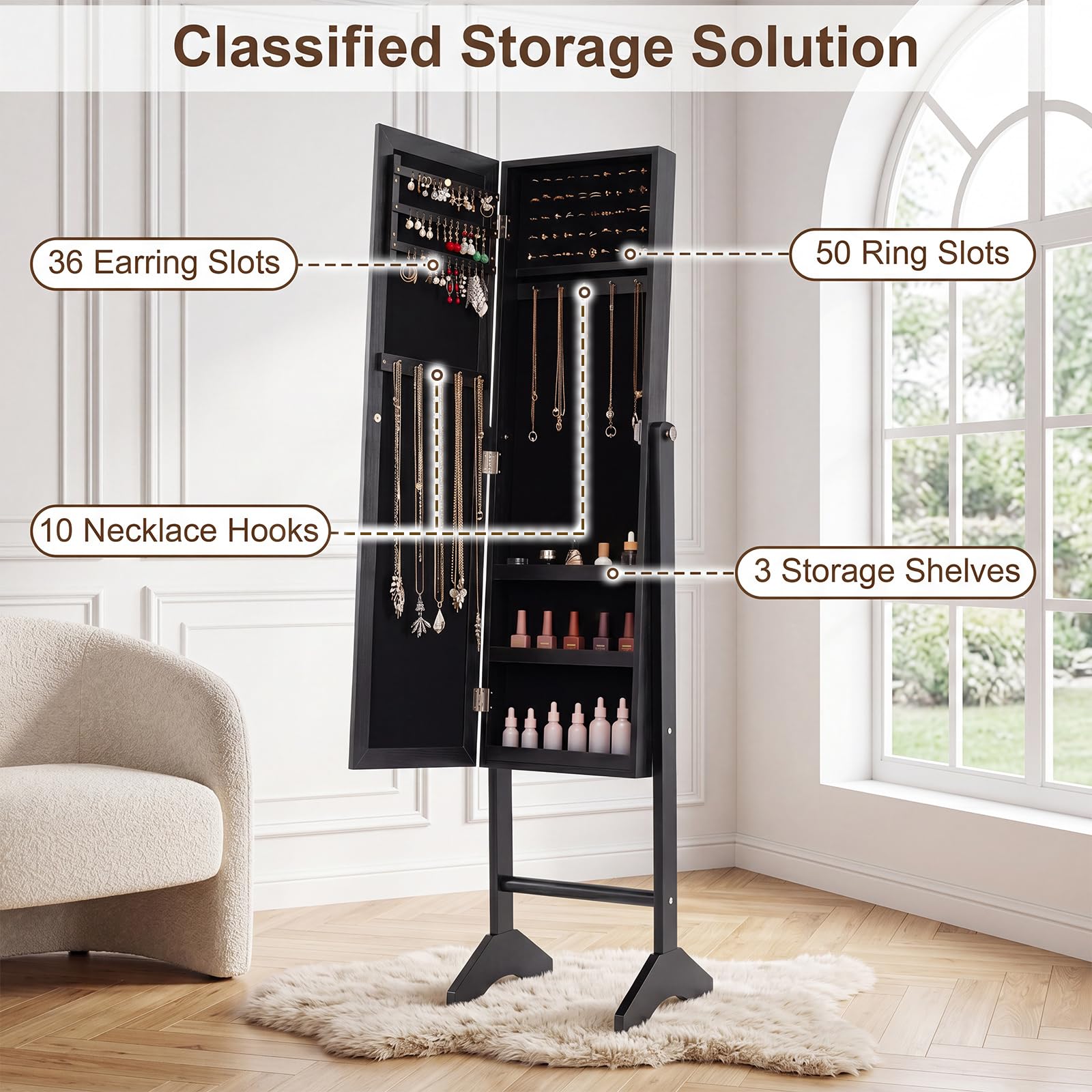 Giantex Jewelry Armoire with Full Length Mirror Freestanding Jewelry Organizer Cabinet with Ring Slots Earring Holders Necklace Hooks & Storage Shelves for Bedroom Black product thumbnail 6