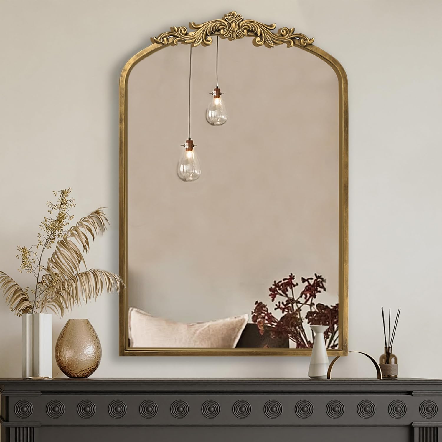 PERFNIQUE Vintage Mirror, 36" X 24" Arched Antique Baroque Wall Mirror, Gold Traditional Wall Decor, Ornate Wall Decor Anthro Look Alike Mirror for Bathroom Living Room Fireplace Entryway Hallway 36"L x 24"W